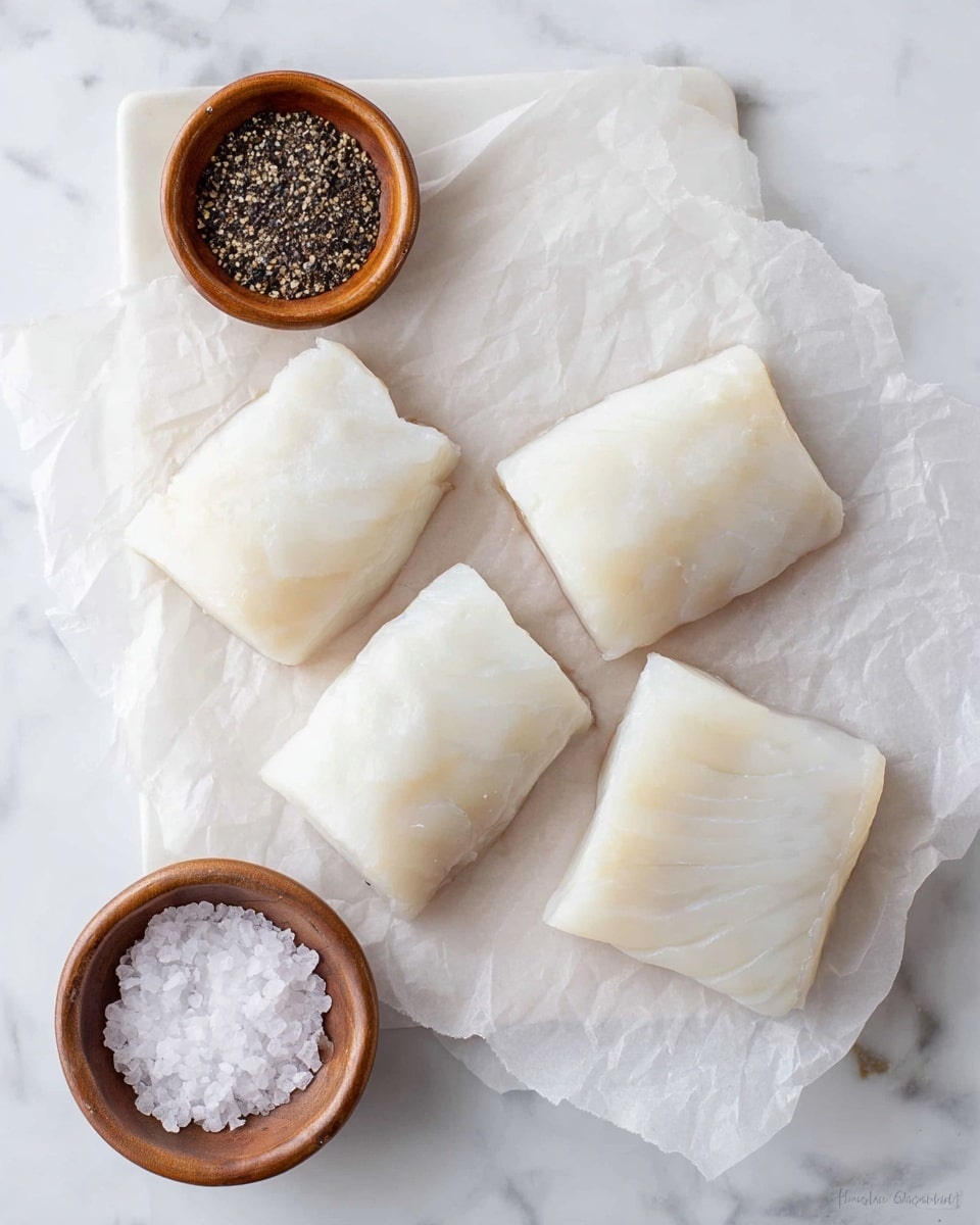 Four thick, rectangular pieces of raw white fish with smooth, shiny surfaces lie on crinkled white parchment paper atop a white marbled board. Each piece has clean, straight edges and a slight translucence around the edges. In the upper right corner, a small round wooden bowl holds a mixture of black and white coarse pepper. In the lower left corner, another small round wooden bowl contains coarse white salt. The overall scene has a fresh, clean look with soft natural light. Photo taken with an iphone --ar 4:5 --v 7
