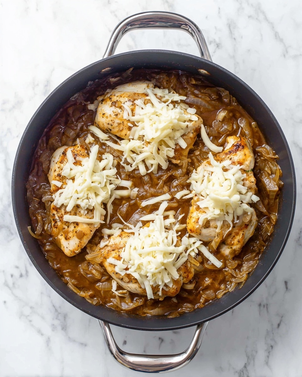 A black pot filled with a thick brown onion sauce with soft, cooked translucent white onion slices spread all over. On top of this sauce, there are three pieces of light brown cooked chicken placed evenly. Each chicken piece is covered with a small pile of shredded white cheese. The pot has silver handles and it sits on a white marbled surface. photo taken with an iphone --ar 4:5 --v 7