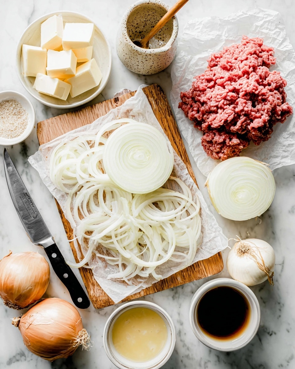 The image shows a wooden board in the center with one onion cut in half and many thin white onion slices spread across it, creating a layered texture of translucent white rings. A black-handled knife lies on the board to the left side of the onion slices. Around the board, on a white marbled surface, are different cooking ingredients: on the top left, three butter cubes and a beige speckled container with a wooden spoon inside; a small white bowl with granulated seasoning sits near the top center; to the right, a large pile of raw ground beef is on white parchment paper; below that, three whole onions, one of which has the skin partially peeled; near the bottom right is a small round bowl with dark liquid, another whitish bowl with a light cream-colored sauce, and a larger white bowl with a yellow broth or liquid. The arrangement looks clean and bright, ready for cooking photo taken with an iphone --ar 4:5 --v 7