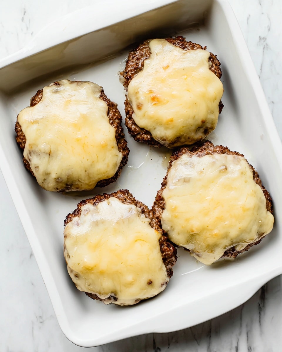 The image shows four cooked burger patties topped with a layer of melted pale yellow cheese, each having a smooth and slightly shiny texture. The beef patties underneath are dark brown with a rough, grilled surface, visible around the edges. The patties are placed in a white rectangular baking dish that sits on a white marbled surface. The cheese covers each patty fully and looks warm and soft, with slight bubble marks. The arrangement is evenly spaced, with two patties in the upper part and two in the lower part of the dish. Photo taken with an iphone --ar 4:5 --v 7