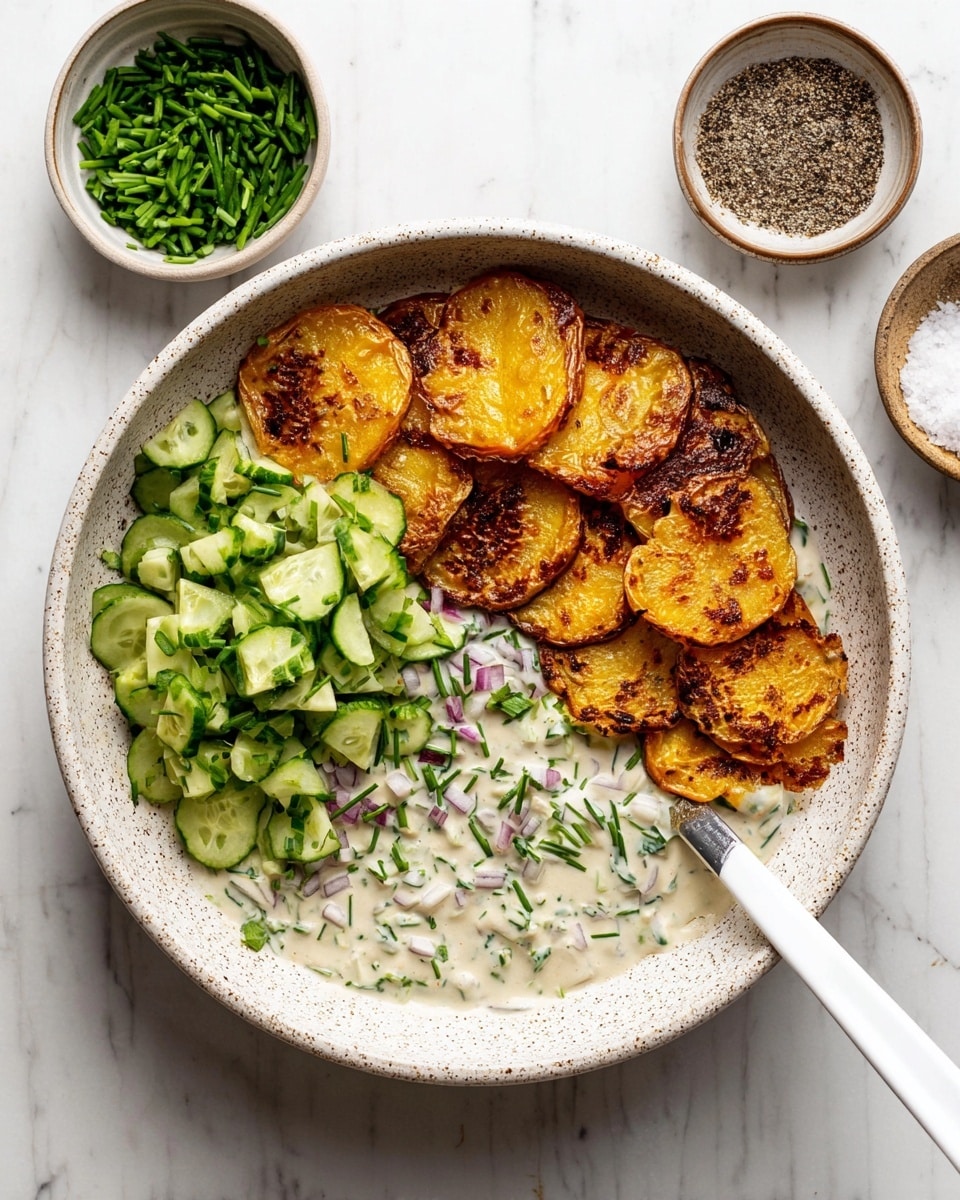 A white speckled bowl holds three main layers: the bottom layer is a creamy white sauce mixed with tiny pieces of green herbs and small bits of purple onion, spread evenly across the bowl; on the right side, crispy golden-brown potato slices with rough, browned edges are stacked in a small pile, showing texture from the cooked skin; on the left side, fresh, chopped green cucumber pieces are arranged in a loose pile, contrasting with the warm colors of the potatoes. A white spatula rests on the sauce under the potatoes. The bowl sits on a white marbled surface with three small bowls around it: one filled with finely chopped green chives, one with black pepper, and one with coarse salt. Photo taken with an iphone --ar 4:5 --v 7
