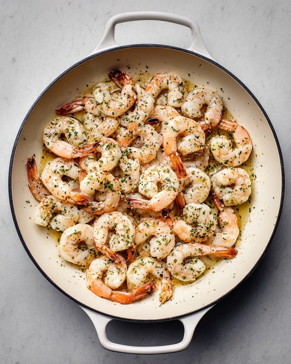 A white pan filled with one layer of cooked shrimp that are pink and white with slightly curled tails, scattered evenly inside. The shrimp are seasoned with small bits of green herbs and a light coating of oil, giving them a shiny texture. The pan has two handles, one visible at the top and the other at the bottom, sitting on a white marbled surface. photo taken with an iphone --ar 4:5 --v 7