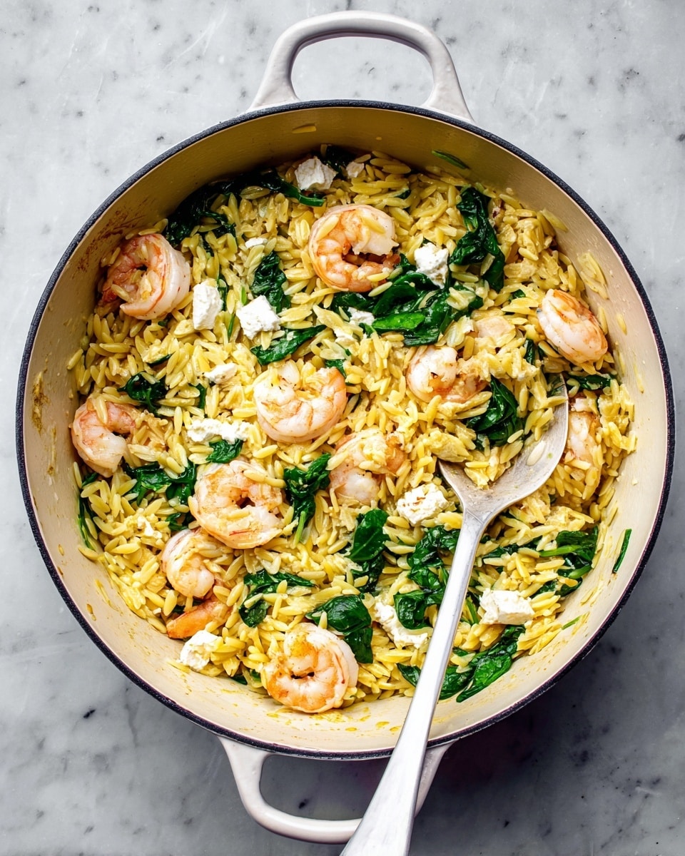 A top view of a round white pot filled with a dish made of three main layers: yellow orzo pasta forms the base layer with a slightly shiny texture; on top, pink cooked shrimp are scattered evenly around the pot, showing some curled shapes; mixed in are fresh dark green spinach leaves, adding color contrast and texture; small white cheese cubes are spread throughout the dish in small chunks. A white spoon rests inside the pot partially lifting the ingredients on one side. The pot sits on a white marbled surface. Photo taken with an iphone --ar 4:5 --v 7