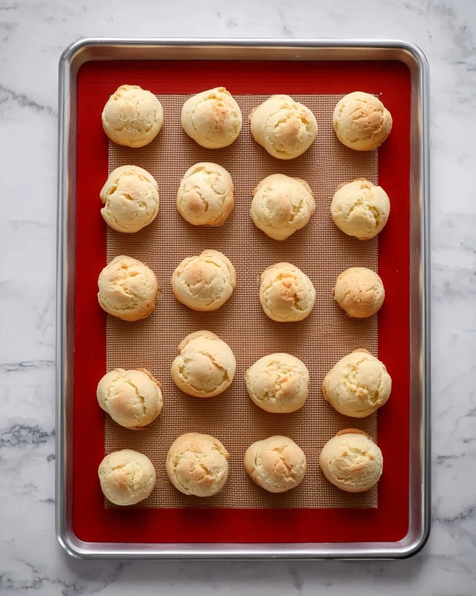 The image shows a silver baking tray with a red silicone mat on it, placed on a white marbled surface. On the mat, there are 18 round cream puffs arranged in three rows of six. The cream puffs have a light golden brown color with a slightly cracked texture on top. Each puff looks light and airy with a small rise and smooth sides. The overall look is simple and neat with uniform spacing between each puff. photo taken with an iphone --ar 4:5 --v 7