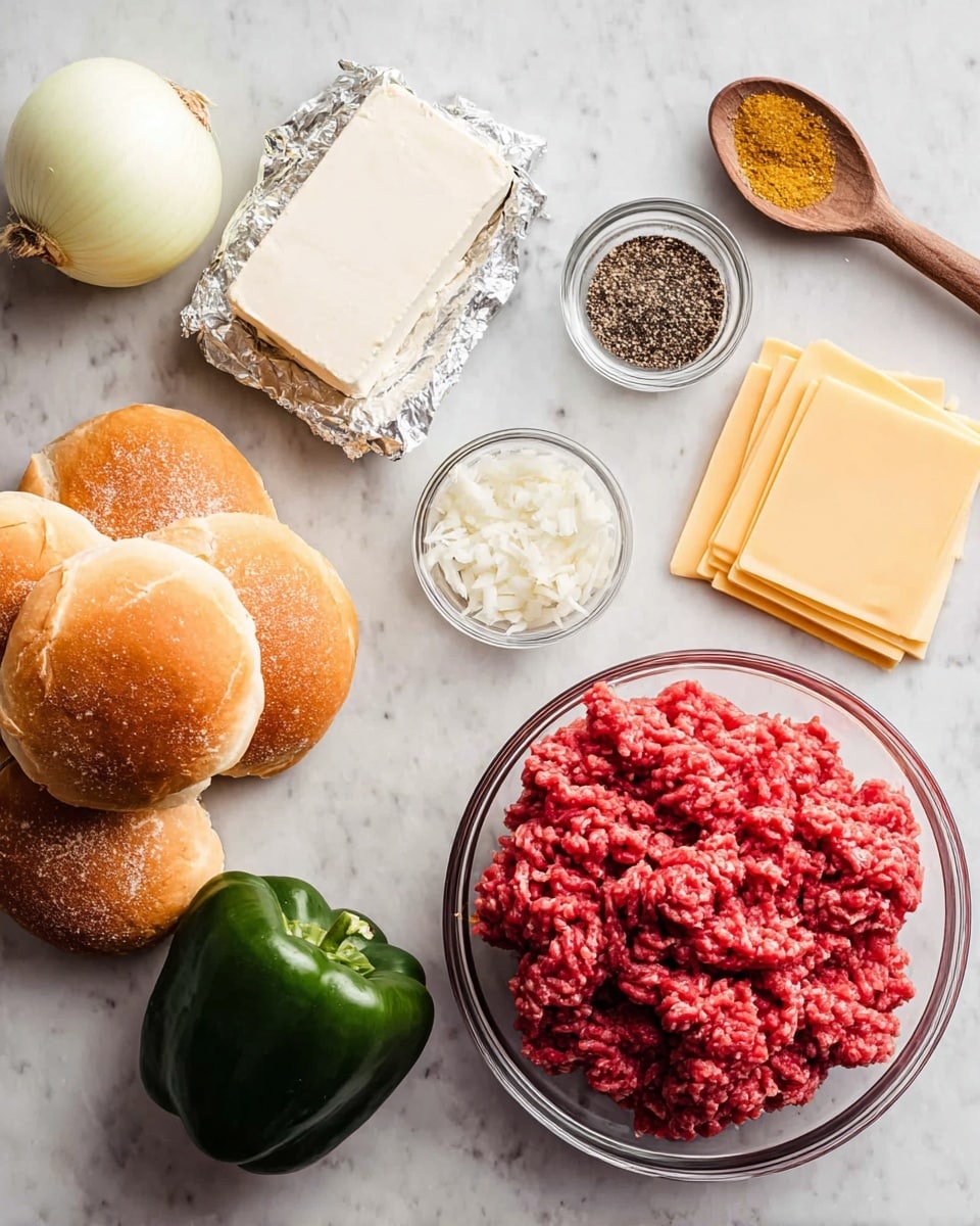 A clear glass bowl filled with bright red ground meat sits on the right side on a white marbled surface. To its left, there is a block of white cream cheese wrapped in foil, a small clear bowl of black pepper, and a wooden spoon containing a yellow powdered spice. Below these, there is a whole yellow onion, a rectangular piece of pale yellow butter with small dark bits, and four slices of light yellow cheese arranged in a neat stack. On the far left, five soft golden brown sandwiches with a light dusting of flour are piled in a small group. Below the sandwiches, a whole dark green bell pepper rests on the white marbled surface. photo taken with an iphone --ar 4:5 --v 7