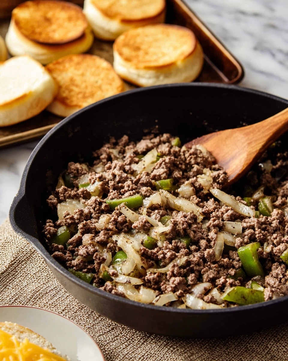 A black skillet filled with cooked ground meat mixed with light brown and translucent cooked onions and sliced green bell peppers. A wooden spoon rests inside the skillet, leaning on the mixture. In the background, there is a baking tray holding four toasted bun halves, three with a golden-brown toasted top and one with a melted light yellow cheese slice. In the foreground, part of a white plate with another toasted bun and cheese slice can be seen. The scene is set on a beige woven fabric surface, with a white marbled texture background. Photo taken with an iphone --ar 4:5 --v 7