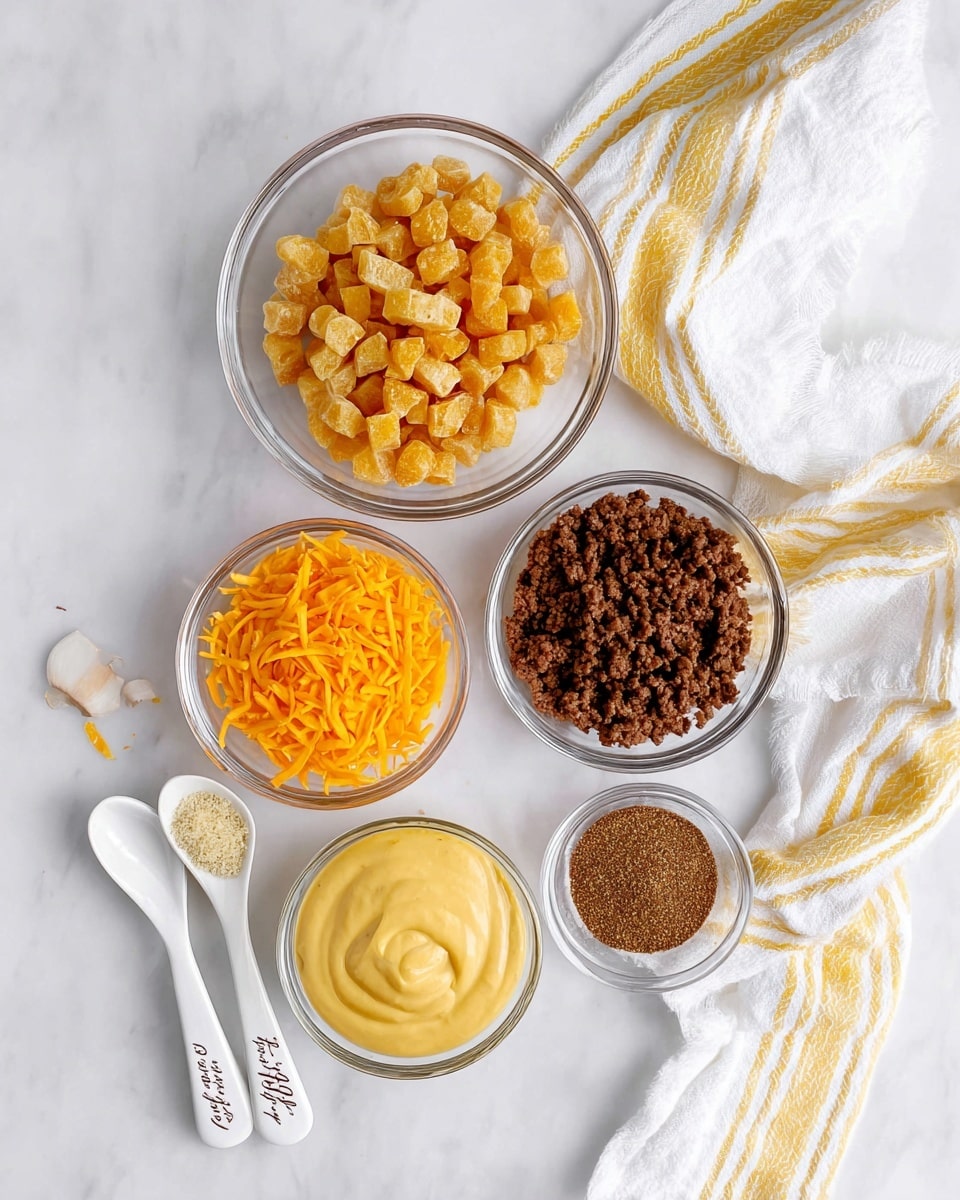 A flat lay image showing six small clear glass bowls arranged on a white marbled surface. At the top center is a bowl filled with small golden frozen pieces. Below that, to the left is a bowl overflowing with bright orange shredded cheese, and to the right is a bowl with finely cooked brown ground meat. Below these, slightly to the left, is a bowl with smooth, creamy yellow sauce. To the right of this is a small bowl with a mix of crushed garlic and liquid, and below it is another bowl filled with brown ground seasoning. On the left side of the image are two white ceramic spoons with writing on the handles, and a white cloth with yellow stripes is draped loosely on the top right side. Photo taken with an iphone --ar 4:5 --v 7