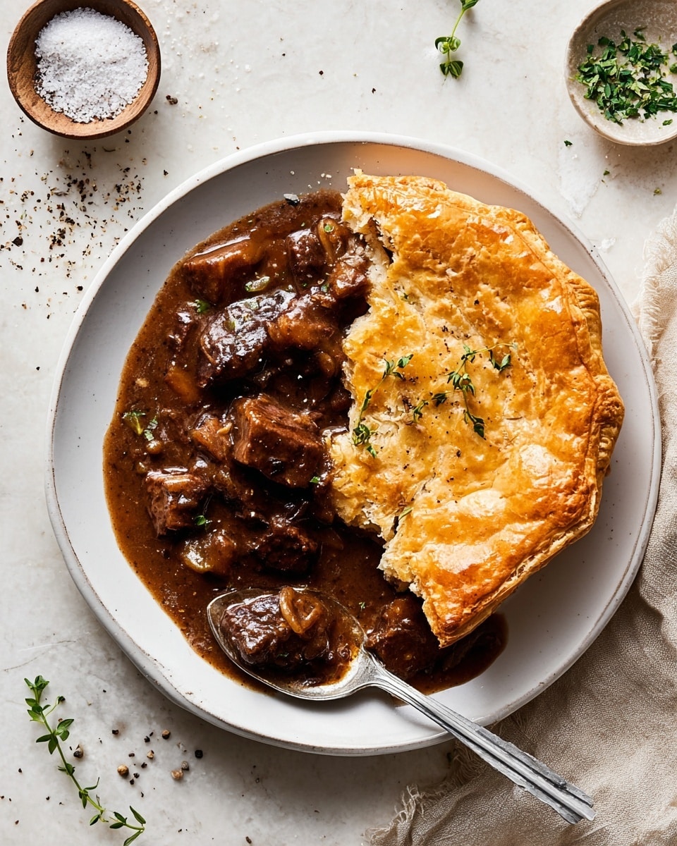 A white round plate sits on a white marbled textured surface, holding a dark brown beef stew with thick sauce and chunks of beef on the left side. On the right side of the plate is a single golden, flaky pie crust, slightly cracked with a shiny surface and a few small green herb leaves scattered on top. A spoon rests on the plate, partially submerged in the stew, handle extending towards the bottom edge of the frame. The background includes small bowls with coarse salt and ground black pepper, and sprigs of fresh green herbs are scattered lightly around. Photo taken with an iphone --ar 4:5 --v 7
