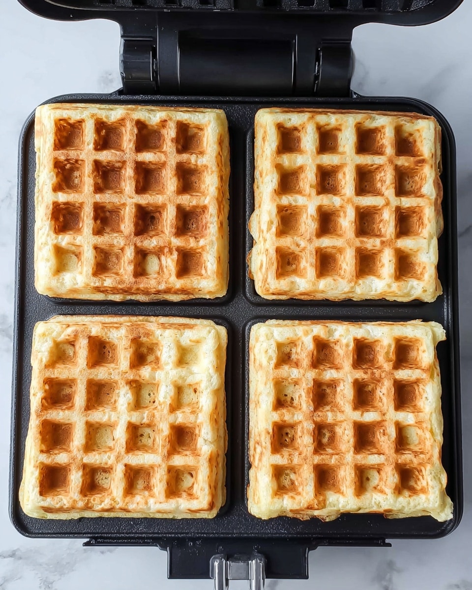 The image shows four square waffles inside a black waffle maker. Each waffle has a golden brown color with a slightly crisp texture, and the traditional grid pattern with deep square pockets. The waffles are evenly spaced, touching each other at the sides, and have a light fluffy look with some small darker spots indicating they are cooked well. The waffle maker sits on a white marbled surface, and the top of the image shows part of the waffle maker's hinge and handle. photo taken with an iphone --ar 4:5 --v 7