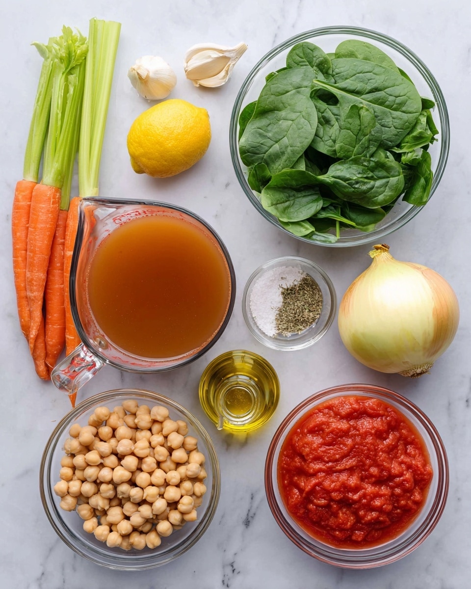 The image shows an overhead view of various fresh and raw ingredients arranged on a white marbled surface. From left to right, there are two celery stalks and two orange carrots placed side by side, then a small glass bowl filled with fresh green spinach leaves. Above the spinach, three peeled garlic cloves and a whole yellow lemon are visible. In the center is a clear glass measuring cup filled with a brown liquid broth. To the right, there is a whole yellow onion next to a small glass bottle of olive oil and a small clear bowl with mixed dried herbs and salt. Below the broth and onion, two glass bowls sit side by side—one holding light beige chickpeas and the other filled with chunky red tomato sauce. The arrangement is neat and colorful, showcasing fresh vegetables and key ingredients on a white marbled background. Photo taken with an iphone --ar 4:5 --v 7