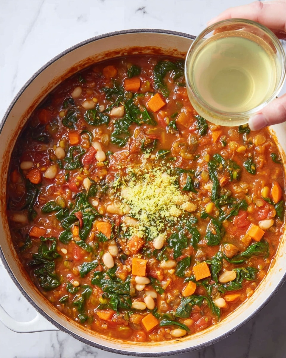 A large white pot filled with thick tomato-based stew showing a mix of finely chopped green spinach leaves, orange carrot cubes, and small white beans throughout; in the center, there is a small mound of light yellow grated zest, and a woman's hand holding a clear glass cup with a pale yellow liquid is seen on the right side above the pot, all sitting on a white marbled surface photo taken with an iphone --ar 4:5 --v 7