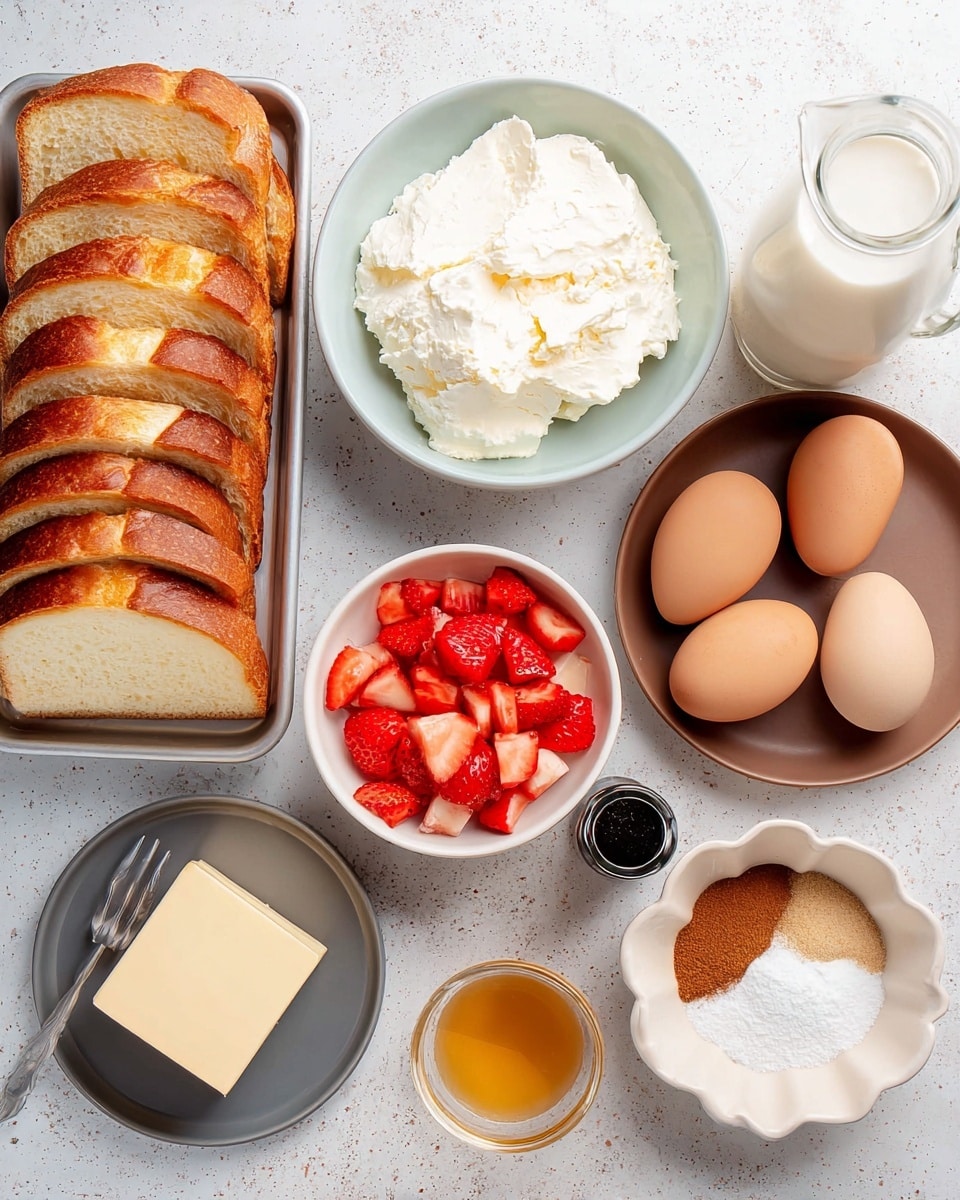 This image shows ingredients for a dish arranged neatly on a white marbled surface. On the left, there is a metal tray holding several slices of golden brown bread with a soft inside. Next to the bread is a light blue bowl filled with thick, creamy white cheese. Below it, a small dark gray plate holds a block of pale yellow butter. To the right of the butter, there is a small white bowl with bright red diced strawberries. Above the strawberries, a round brown plate contains four light brown eggs. Next to the eggs, there is a glass jar filled with white liquid, likely milk. In front of the milk jar, there is a small black bottle, probably vanilla extract. In the lower part of the image, a small beige bowl contains a golden syrup, and beside it, a white scalloped dish holds white sugar and brown cinnamon powder. The setup is simple and clean. photo taken with an iphone --ar 4:5 --v 7