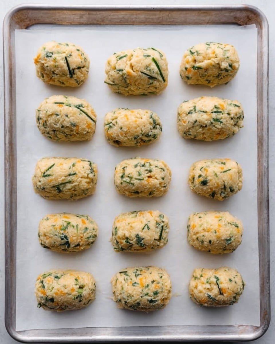 The image shows twelve small, rectangular pieces of dough with a textured surface, arranged in three rows of four on a white marbled baking tray lined with parchment paper. Each piece has visible green leafy bits and small orange specks mixed into the dough, giving them a speckled look. The dough pieces are evenly spaced with smooth sides and rounded edges, highlighting a soft, slightly bumpy texture. Photo taken with an iphone --ar 4:5 --v 7
