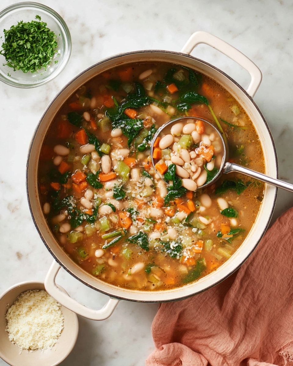A white pot filled with a chunky soup showing three main layers: the base layer is a clear brownish broth; mixed within are small white beans, bright orange carrot cubes, and light green celery pieces, all evenly spread throughout; scattered spinach leaves add dark green spots on top, along with sprinkled light Parmesan cheese bits. A silver ladle scoops some of the soup, showing the same layers inside it. A glass bowl with chopped green herbs and a white bowl with grated cheese sit beside the pot on a white marbled surface, with a soft peach cloth under the pot's left handle. Photo taken with an iphone --ar 4:5 --v 7