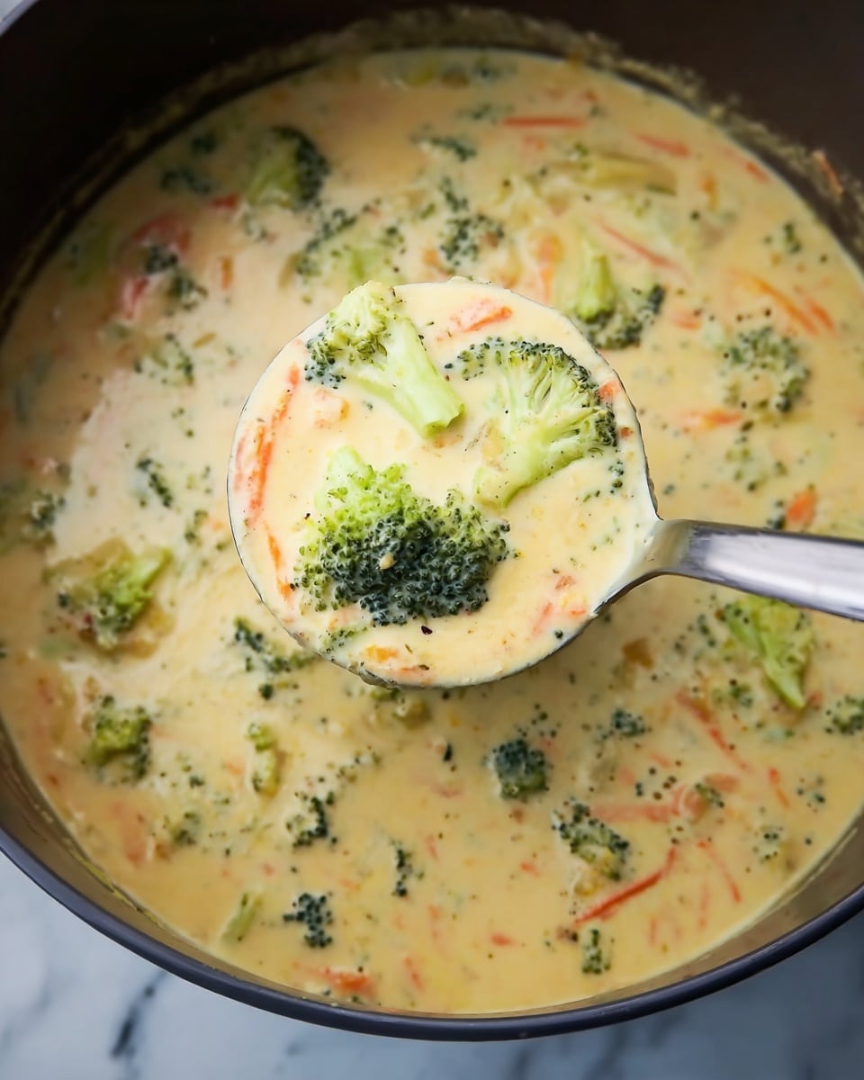 A close-up view of a creamy broccoli cheese soup in a dark pot with a ladle lifting a scoop. The soup has three visible layers: a thick, pale yellow creamy base with a smooth texture, bright green broccoli florets scattered evenly throughout, and thin orange carrot strips mixed in. The ladle is silver and shows soup with the same layers clearly on it, raised above the pot. The background is a white marbled surface. Photo taken with an iphone --ar 4:5 --v 7
