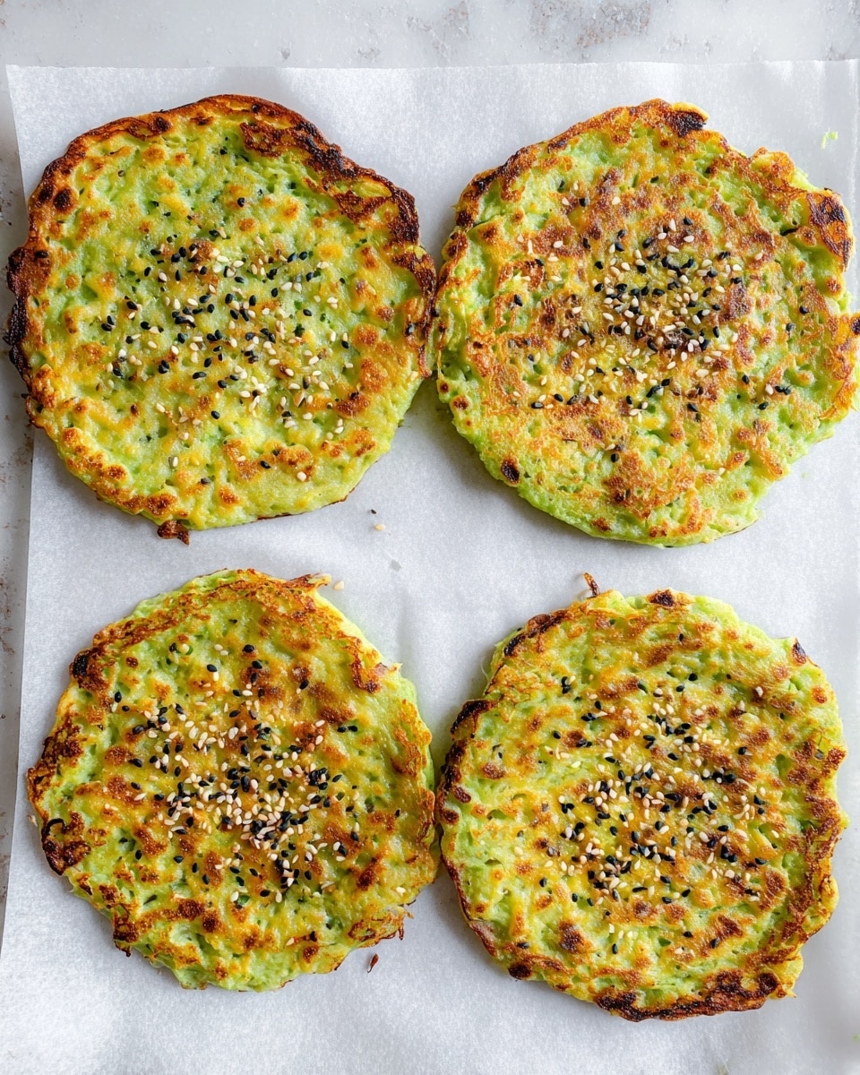 The image shows four round, flat green pancakes on white parchment paper, placed on a white marbled surface. Each pancake has a slightly uneven edge with golden-brown crispy spots and melted cheese texture on the top. Sprinkles of black and white seeds are scattered lightly over the green surface for extra texture. The pancakes appear soft but crisp on the outsides. The layout is symmetrical with two pancakes in the top row and two in the bottom row. photo taken with an iphone --ar 4:5 --v 7