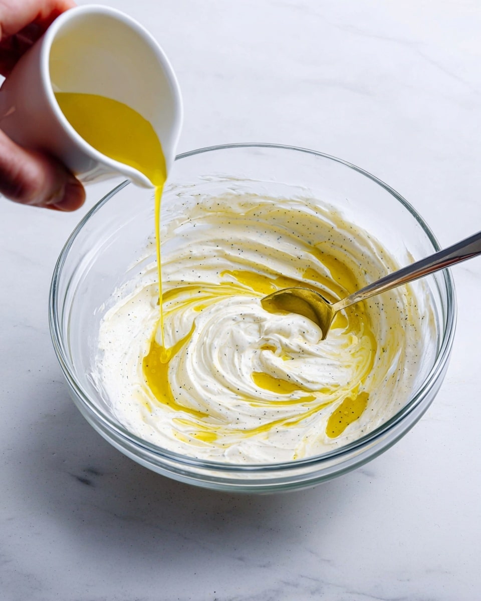 A clear glass bowl sits on a white marbled surface, containing a thick creamy white sauce with black specks, gently mixed with swirls of golden yellow oil being poured from a small white cup held by a woman's hand at the left side of the image. Inside the bowl, a metal spoon stirs the mixture, creating smooth wavy patterns where the white sauce and yellow oil meet. The bowl fills most of the frame from above, highlighting the rich texture and shiny surface of the sauce and oil blend. Photo taken with an iphone --ar 4:5 --v 7