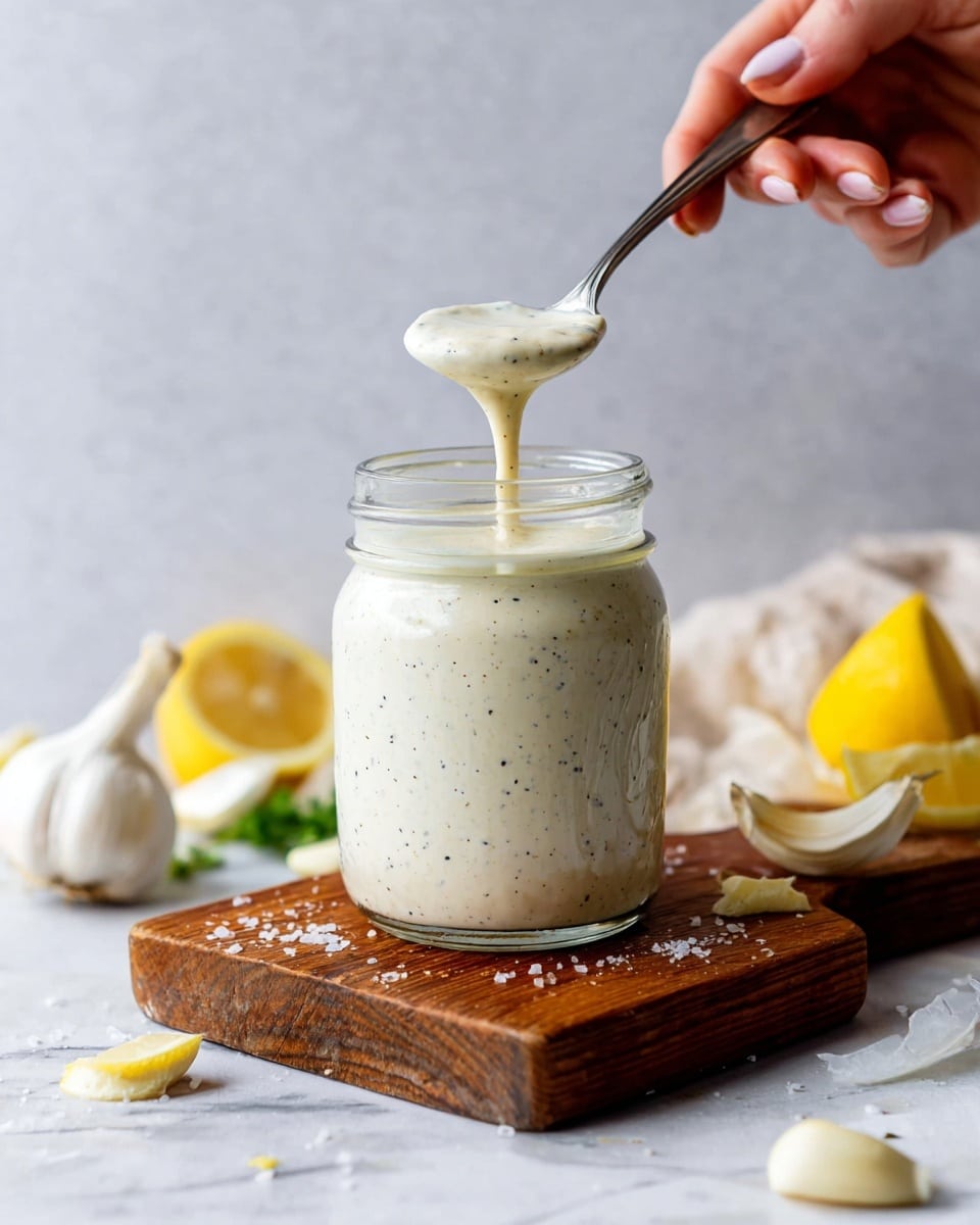 A close view of a glass jar filled with creamy pale yellow sauce with small black and orange specks, thick in texture. A spoon lifted above the jar holds a dollop of the sauce, showing its smooth consistency with specks visible throughout. In the blurred background, there are wedges of yellow lemon on a wooden board, with some coarse salt scattered around. The scene rests on a white marbled surface. photo taken with an iphone --ar 4:5 --v 7