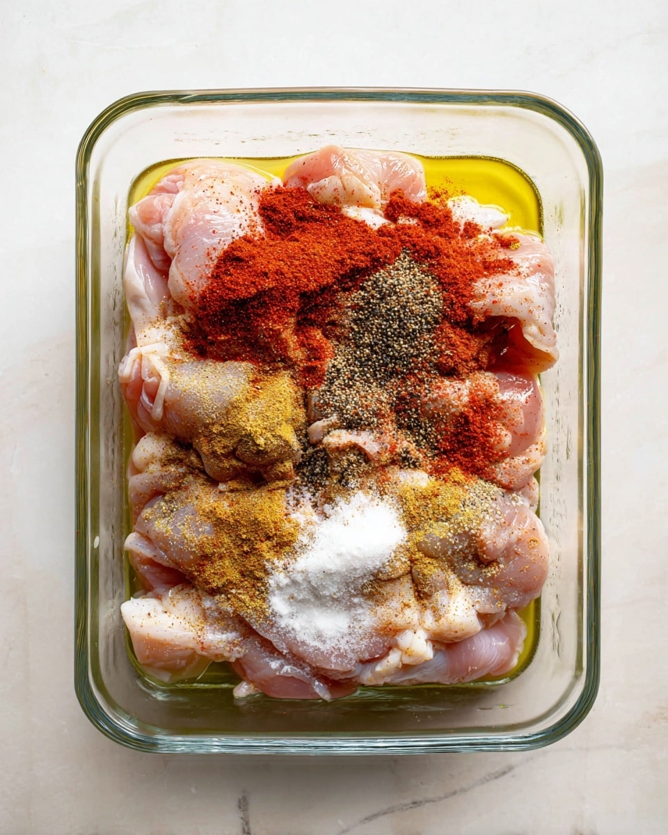 The image shows a clear glass rectangular dish filled with raw chicken pieces neatly layered to cover the bottom. The chicken is pale pink with some white fat visible. On top, there is a mix of colorful spices: red paprika powder mostly on the right and center, black coarse pepper in small piles near the top center, and white salt spread around. There is also a yellow mustard-like powder scattered lightly, and a light greenish olive oil layer coats the chicken at the base. The dish sits on a white marbled surface. photo taken with an iphone --ar 4:5 --v 7