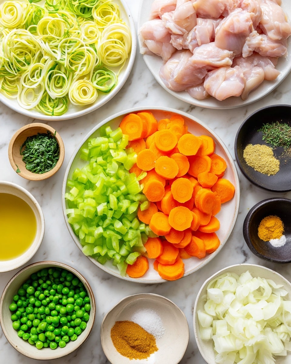 The image shows multiple white plates and small bowls arranged on a white marbled surface. In the largest dish at the bottom center, there are two layers: bright green celery slices on the left side and bright orange carrot slices on the right side. Above it, a white plate holds peeled raw chicken pieces in a pale pink color. To the top left, a white plate is filled with thin lighter green and yellow leek spirals. A small white bowl at the bottom left contains frozen green peas, and next to it is a small light brown bowl filled with golden yellow liquid, likely oil. On the left side, there is a small dish with chopped green herbs, and another small dish with chopped garlic and three kinds of powders in yellow, orange, and greenish brown shades. To the right of the celery and carrots, there are two small dark bowls with white salt and black pepper. At the bottom right, a white bowl contains chopped white onions. Everything is brightly lit and clear. Photo taken with an iphone --ar 4:5 --v 7