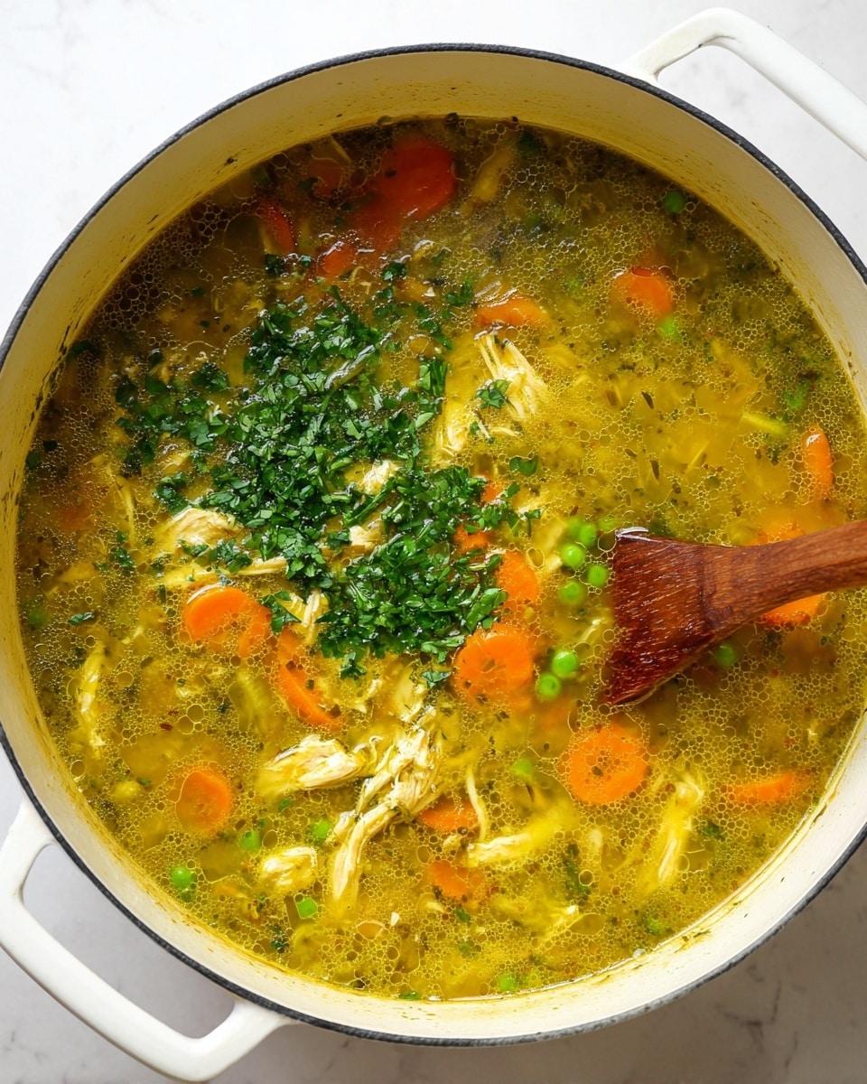 The image shows a large white pot with a rich yellowish-green soup containing visible chunks of shredded chicken, bright orange slices of carrot, and small green peas scattered throughout. The soup has a slightly oily surface with bubbles and is sprinkled with chopped fresh green herbs on top. A wooden spoon is partially submerged on the right side of the pot, stirring the soup. The pot sits on a white marbled surface. photo taken with an iphone --ar 4:5 --v 7