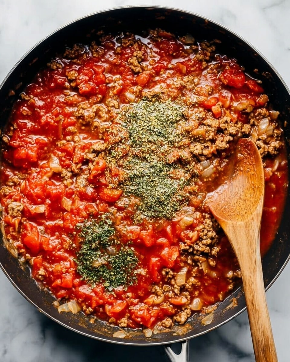 A black pan sits on a white marbled surface filled with a thick sauce of bright red tomato, light brown cooked ground meat, and small chunks of pale onion spread evenly throughout. Sprinkled green herbs rest on top of the sauce in several small piles, and a wooden spoon with a rounded edge rests on the right side of the pan, partially covered in sauce. The mixture looks rich and textured with visible bits of ingredients floating in the bright tomato base. photo taken with an iphone --ar 4:5 --v 7