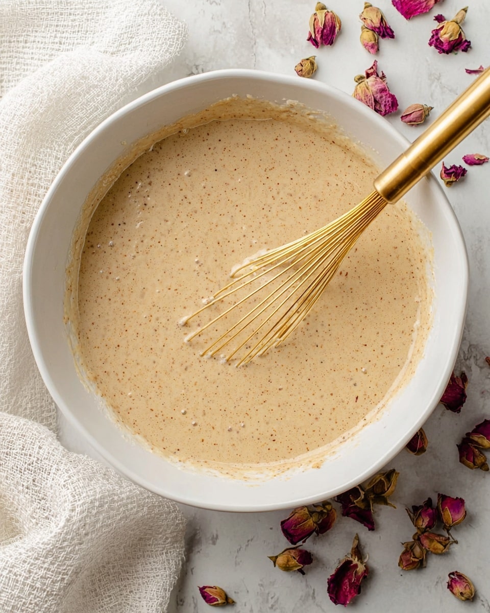 A white bowl filled with light tan batter with tiny dark specks mixed evenly, showing a smooth, slightly thick texture with small bubbles on the surface. A golden whisk rests inside the bowl, partially covered in batter. The bowl is placed on a white marbled surface with scattered dried rose petals around it and a textured white cloth napkin nearby. Photo taken with an iphone --ar 4:5 --v 7