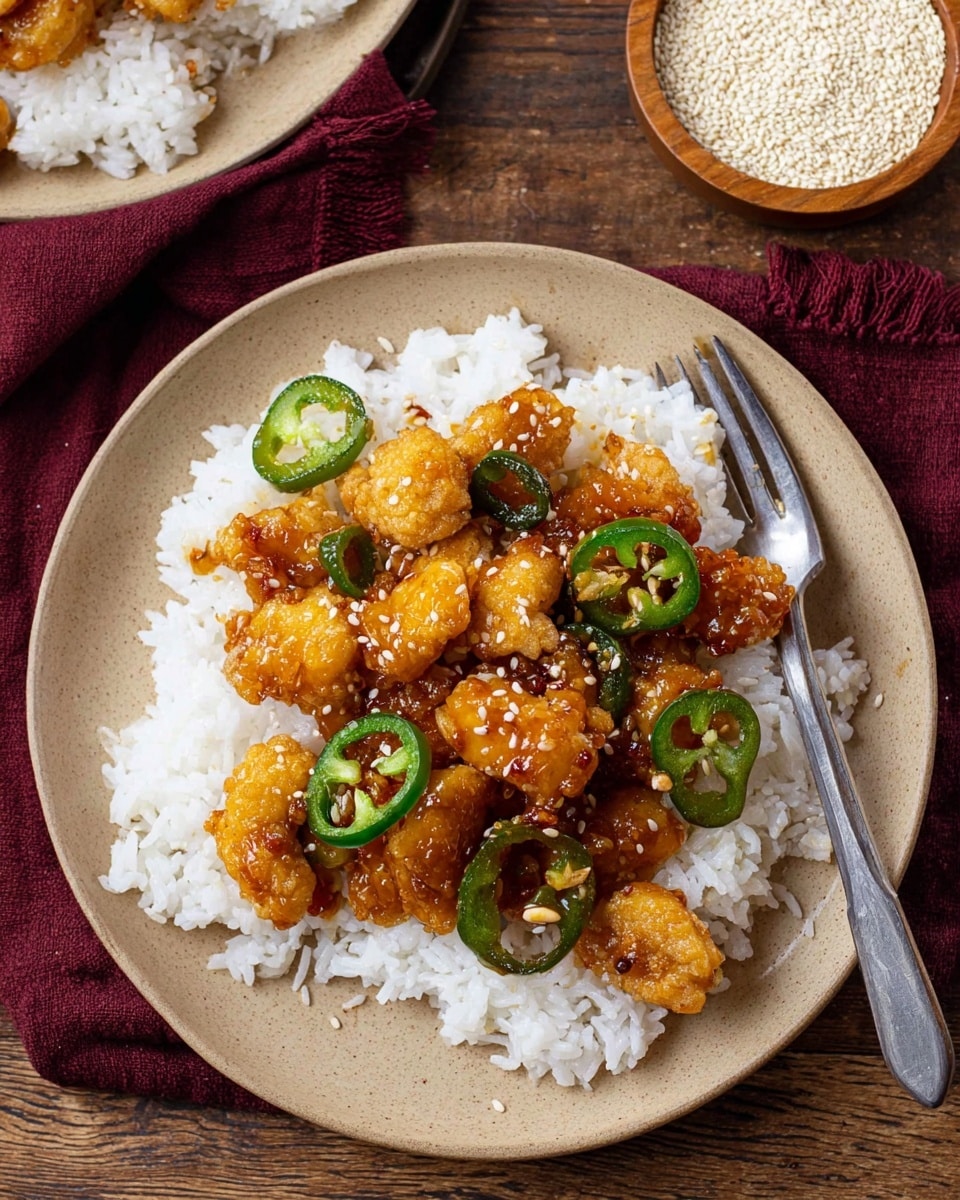 A beige plate holds a bed of white fluffy rice as the base layer, topped with small pieces of golden-brown fried chicken coated in a shiny, sticky orange sauce. Mixed in are thin slices of bright green jalapeño peppers adding a fresh contrast. A few white sesame seeds are sprinkled over the chicken pieces. The plate sits on a rustic wooden table, next to a fork and a maroon cloth napkin. In the upper right corner of the image is a small wooden bowl filled with white sesame seeds. Photo taken with an iphone --ar 4:5 --v 7