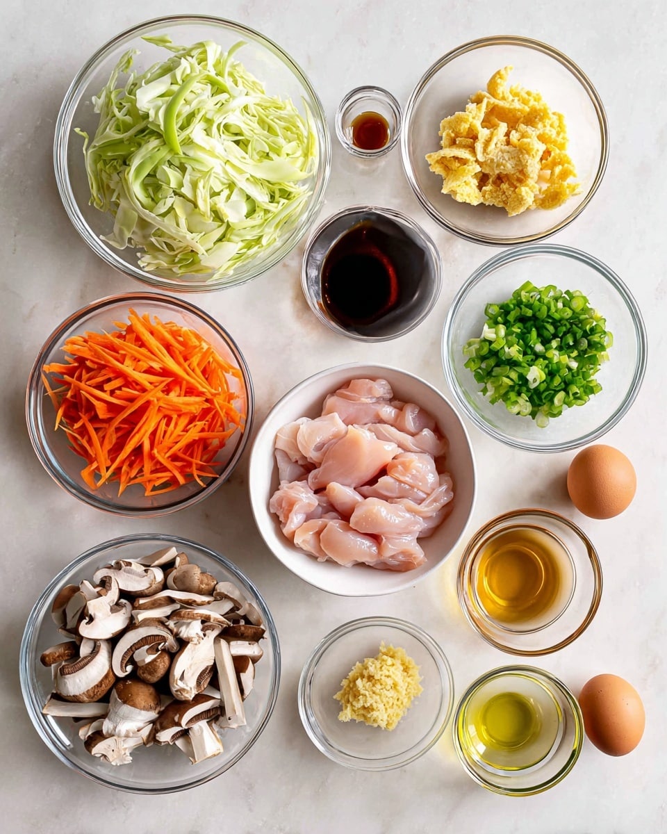 A top view of various cooking ingredients neatly arranged on a white marbled surface. In the center, a white bowl holds light pink sliced raw chicken. Surrounding it are clear glass bowls with thin sliced light green cabbage, brown and white sliced mushrooms, bright orange thin carrot strips, and green sliced spring onions. Smaller clear bowls contain minced garlic and grated yellow ginger. There are two brown eggs in a small white bowl near the bottom right. Three small glasses hold different liquids, one dark brown, the others light yellow and clear. The layout is clean and bright, showing fresh and vibrant ingredients, photo taken with an iphone --ar 4:5 --v 7