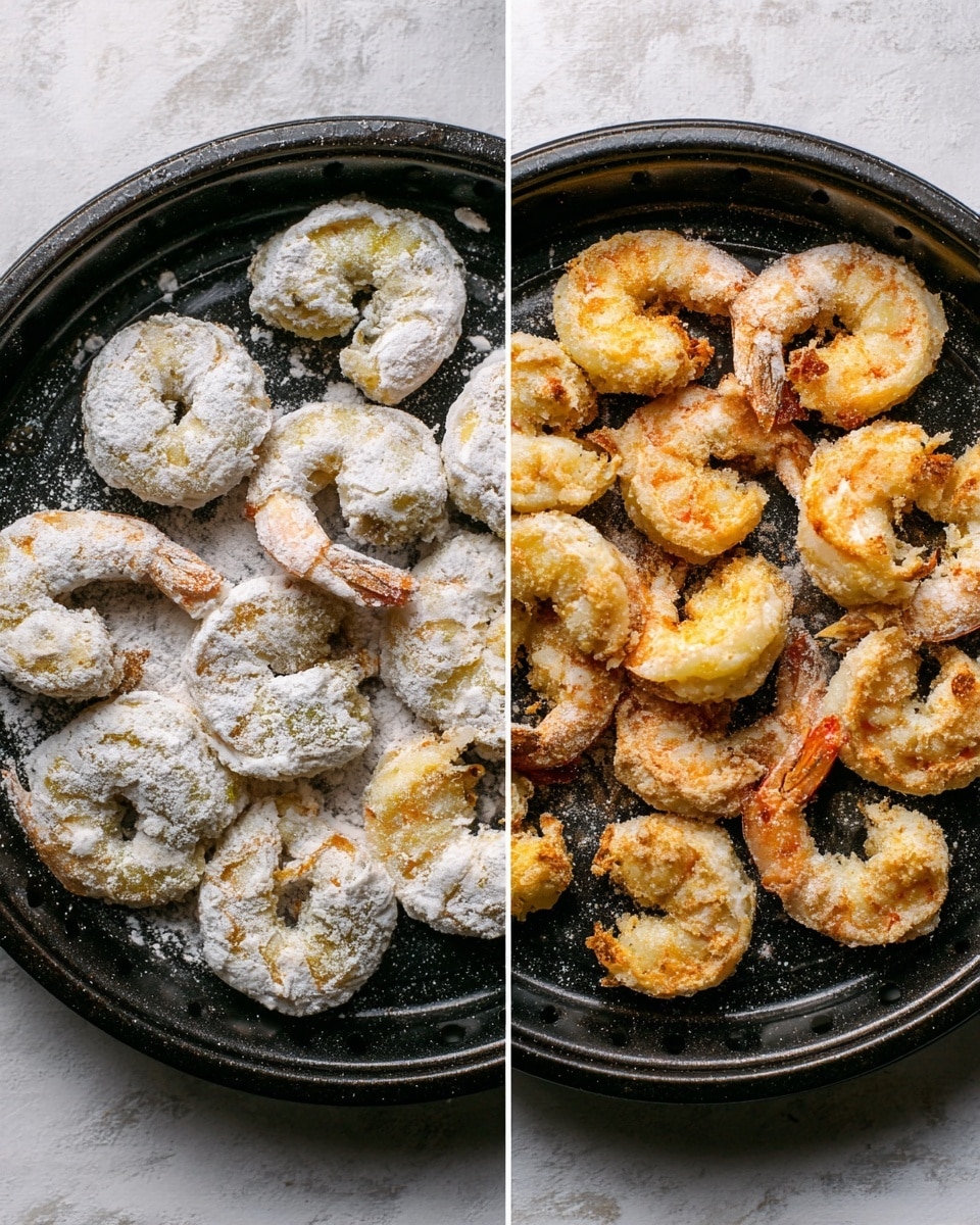 Two black round trays of shrimp are shown side by side on a white marbled texture. The left tray holds 14 raw shrimp with a thick white powder coating, arranged loosely with some space between them. The shrimp have a rough, floury texture and a pale yellow underlayer that can be seen through the coating. The right tray contains 12 fried shrimp, showing a crispy, uneven surface with patches of golden brown and leftover white powder. Both trays have small holes and a slightly worn look. photo taken with an iphone --ar 4:5 --v 7