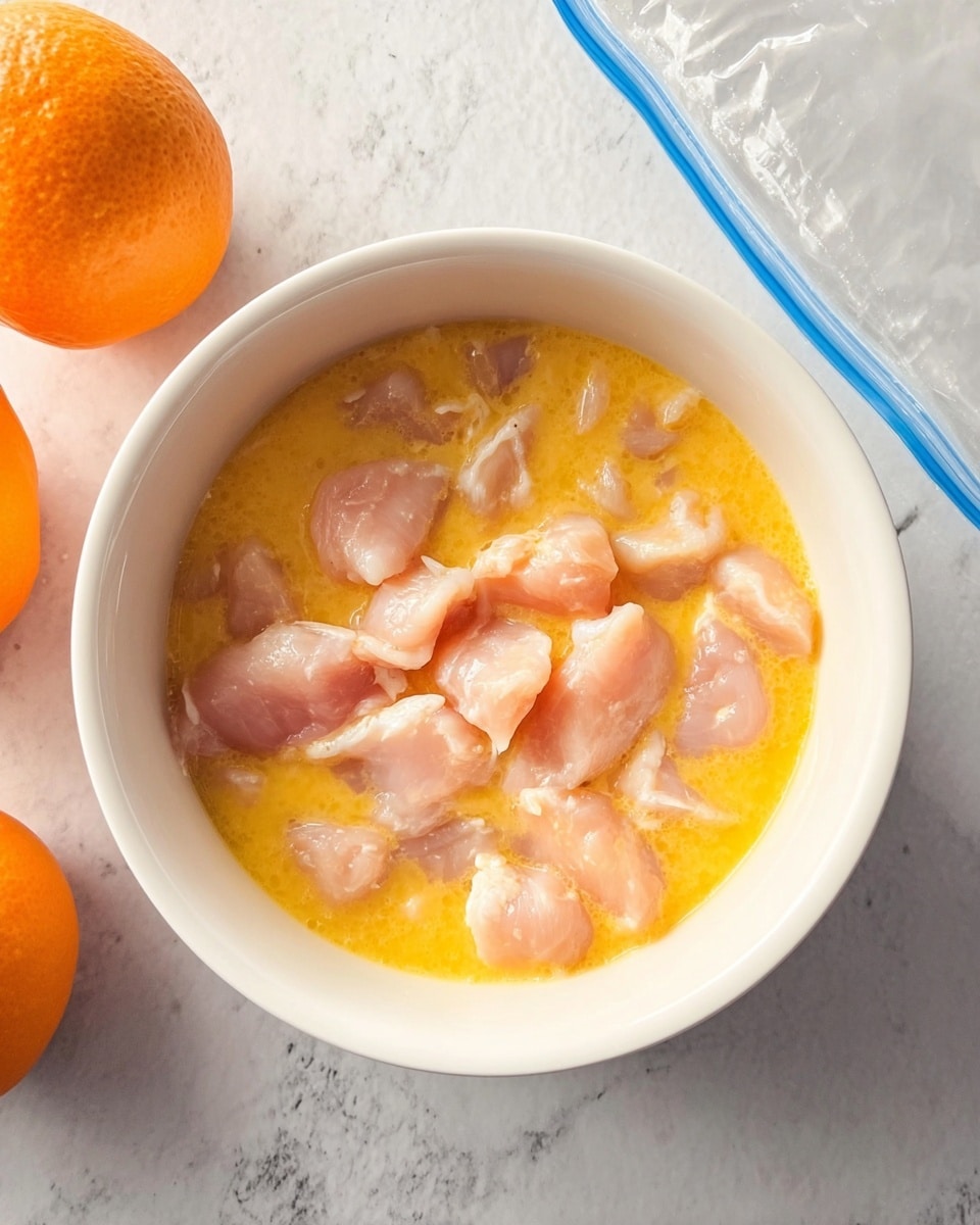 A white bowl filled with small pieces of raw light pink chicken submerged in a yellow beaten egg mixture. The bowl is placed on a white marbled surface. There are two whole oranges partially shown in the bottom left corner and a clear plastic bag with a blue zipper, partially visible in the upper right corner. photo taken with an iphone --ar 4:5 --v 7