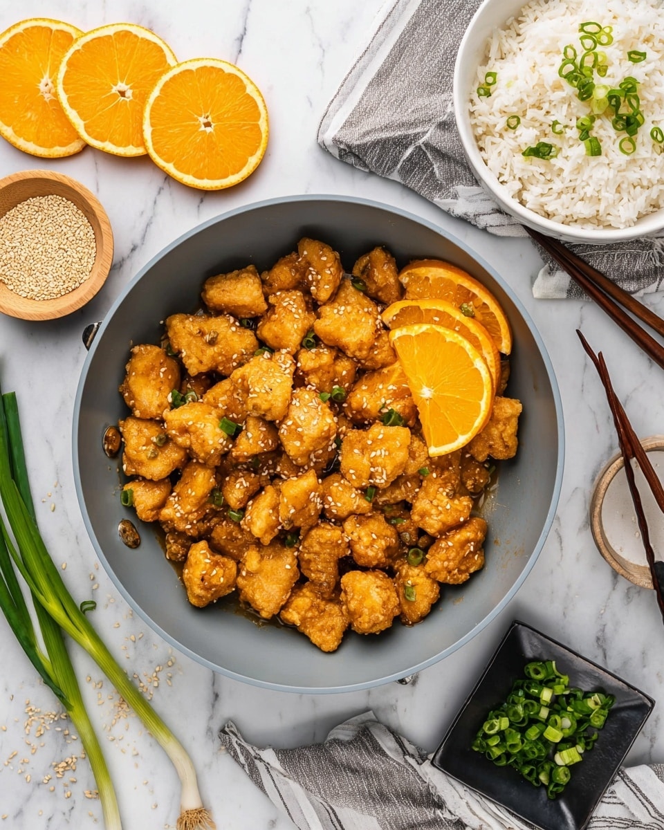 The image shows a gray pan filled with many small, golden-brown fried pieces of chicken, all covered lightly in a shiny orange sauce. On top of the chicken, there are three thin orange slices placed near the center. Around the pan, there are several orange wedges and a white bowl filled with white rice, topped with chopped green onions, with a pair of dark brown chopsticks resting on the bowl's edge. Next to the pan, on a white marbled surface, there are green onions, a small wooden bowl of sesame seeds, and a small black square dish with chopped green onions. A gray and white striped cloth is also seen near some orange slices. The photo taken with an iphone --ar 4:5 --v 7