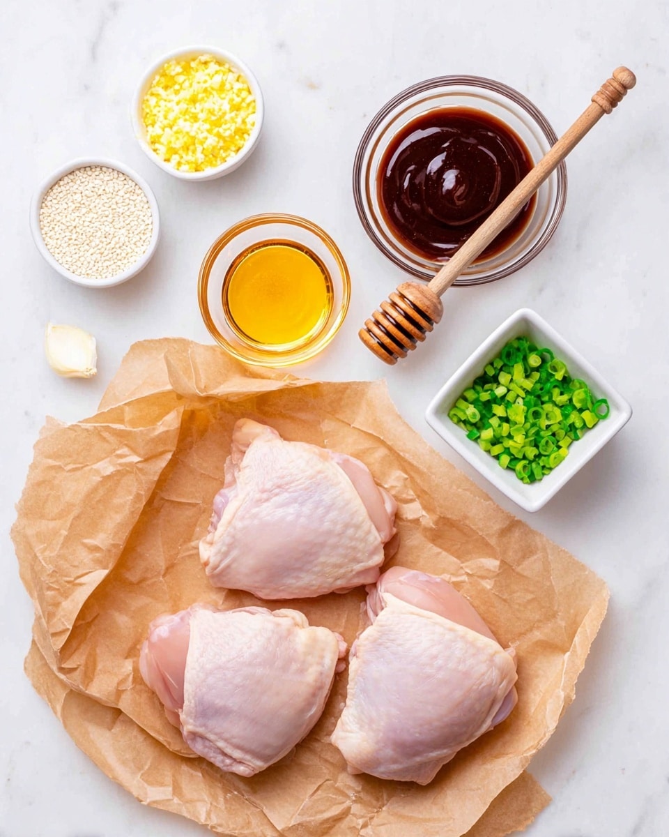 The image shows three raw, pale pink chicken thighs with smooth skin placed on crumpled brown parchment paper at the bottom right. Above them, there is a small clear glass bowl filled with golden honey, with a wooden honey dipper resting inside. To the left of the honey, a small white bowl holds finely chopped garlic, bright yellow in color. Above the garlic, a wooden spoon contains white sesame seeds. To the right of the spoon, a small white bowl is filled with thick, dark reddish-brown hoisin sauce with a swirled texture on top. Below and slightly to the right of the hoisin sauce, a white square dish holds bright green chopped spring onions. All items rest on a white marbled surface. photo taken with an iphone --ar 4:5 --v 7