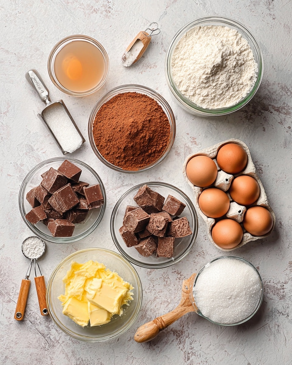 The image shows nine clear bowls and containers arranged on a white marbled surface, each holding different baking ingredients spread out in a loose circle. At the top right, there's a clear jar filled with white flour. To its left is a small round bowl with light brown liquid. Below that, a bowl is filled with reddish-brown cocoa powder. In the center, there is a clear bowl packed with round pieces of milk chocolate. To the bottom left, a bowl contains melted yellow butter. Near the bottom center is a measuring cup holding finely ground brown sugar. To the right of the sugar, a carton holds three light brown eggs. Above the eggs, a measuring cup filled with white granulated sugar has a wooden handle. On the far left, two small measuring spoons with wooden handles hold white baking powder and salt. The textures and colors of the ingredients stand out brightly against the white marbled surface, with soft natural lighting. photo taken with an iphone --ar 4:5 --v 7