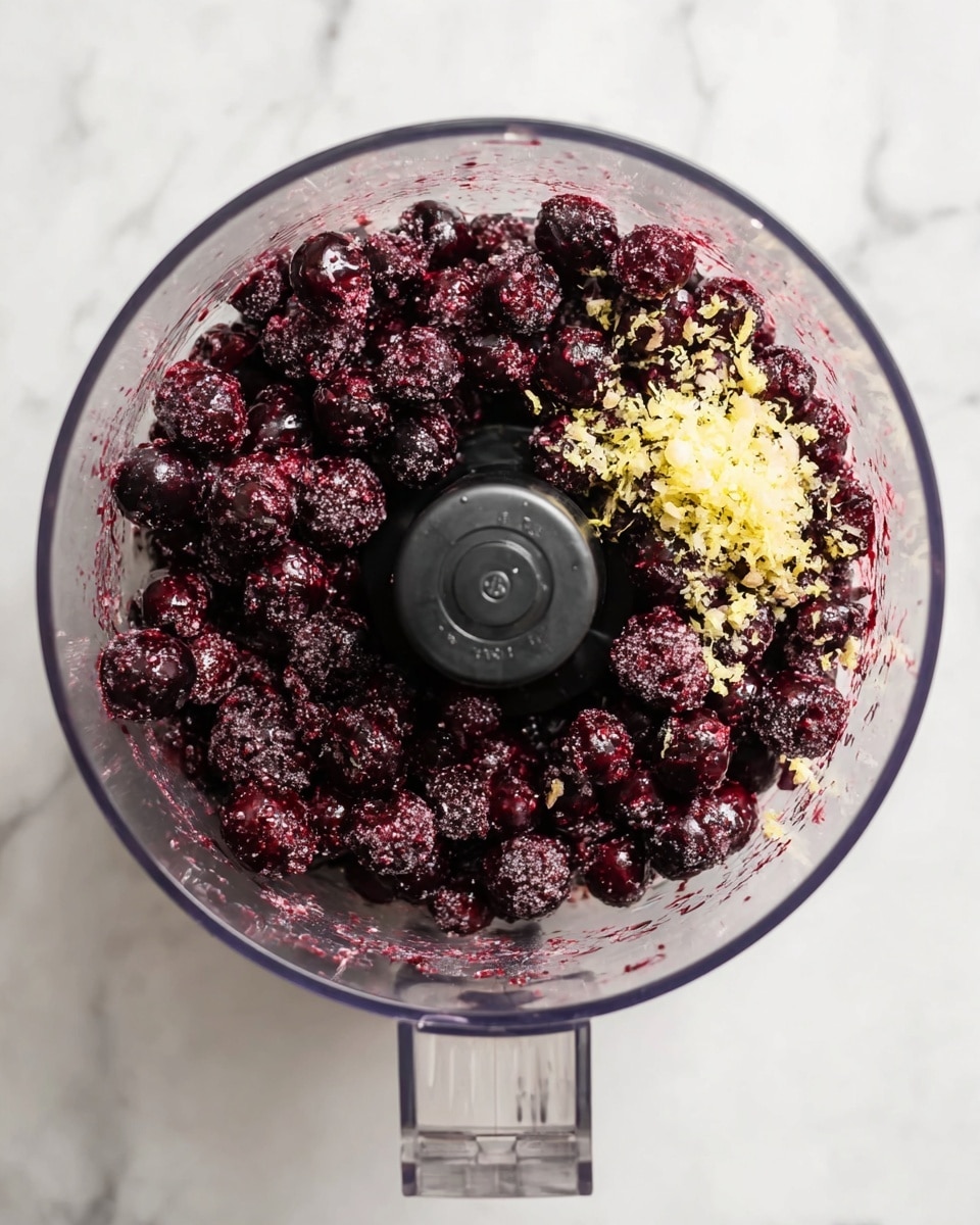 A clear food processor bowl is filled with dark red and purple frozen berries piled in a round shape covering the base, with small bits of grated yellow zest on one side and a bit of liquid pooling beneath the berries. The clear bowl shows the berries’ frosty texture and the smooth black center piece of the processor. The background is a white marbled surface. photo taken with an iphone --ar 4:5 --v 7