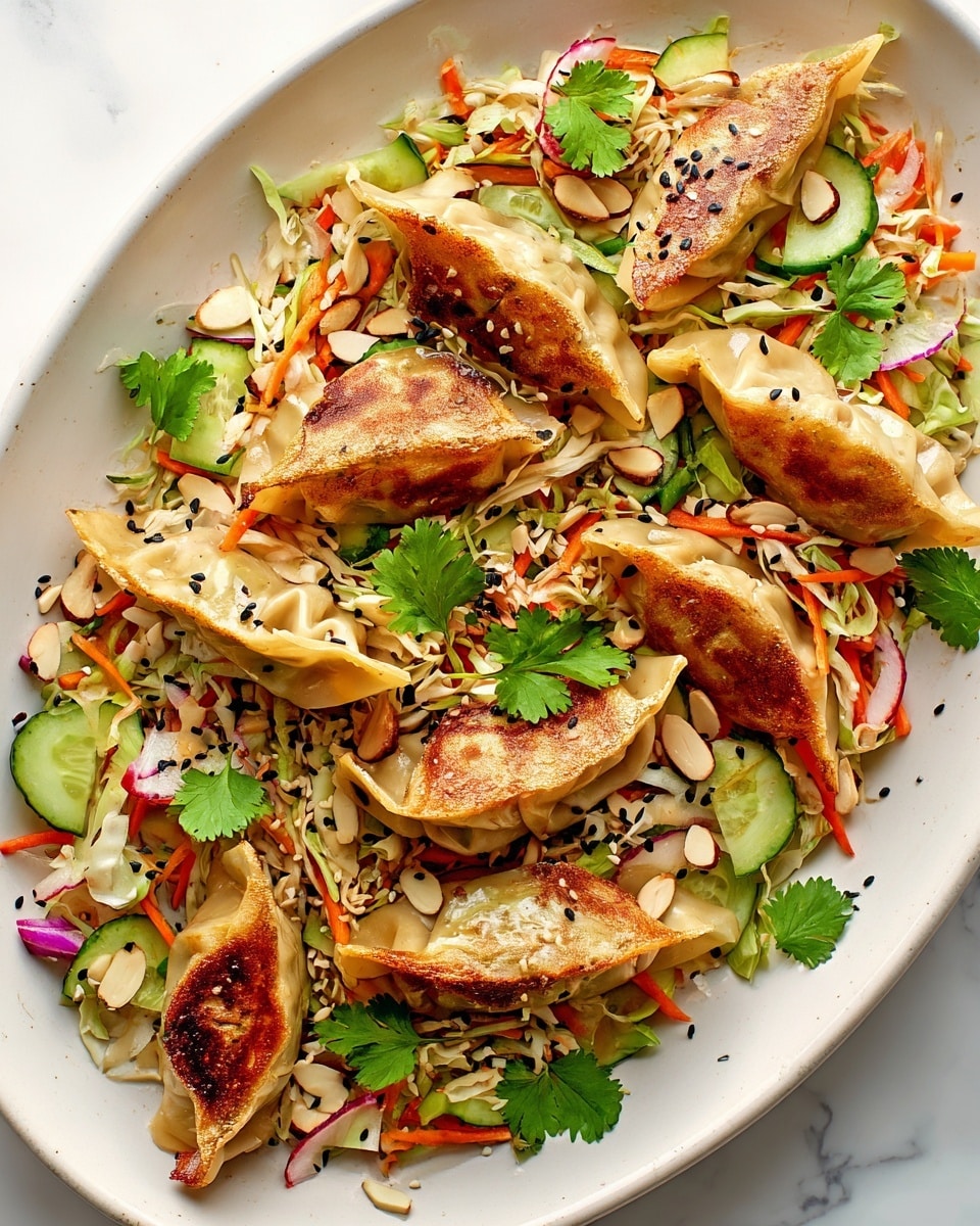 The dish shows a white oval plate filled with seven pan-fried dumplings that have a golden brown crispy texture on one side, arranged on top of a colorful Asian-style salad. The salad has thin shredded cabbage and carrots as the base, adding light beige and bright orange layers, mixed with green cucumber chunks and thin slices of purple-red onion scattered throughout. Fresh cilantro leaves are placed on top, along with sliced almonds and black sesame seeds sprinkled over the entire dish for texture. The plate sits on a white marbled surface. Photo taken with an iphone --ar 4:5 --v 7