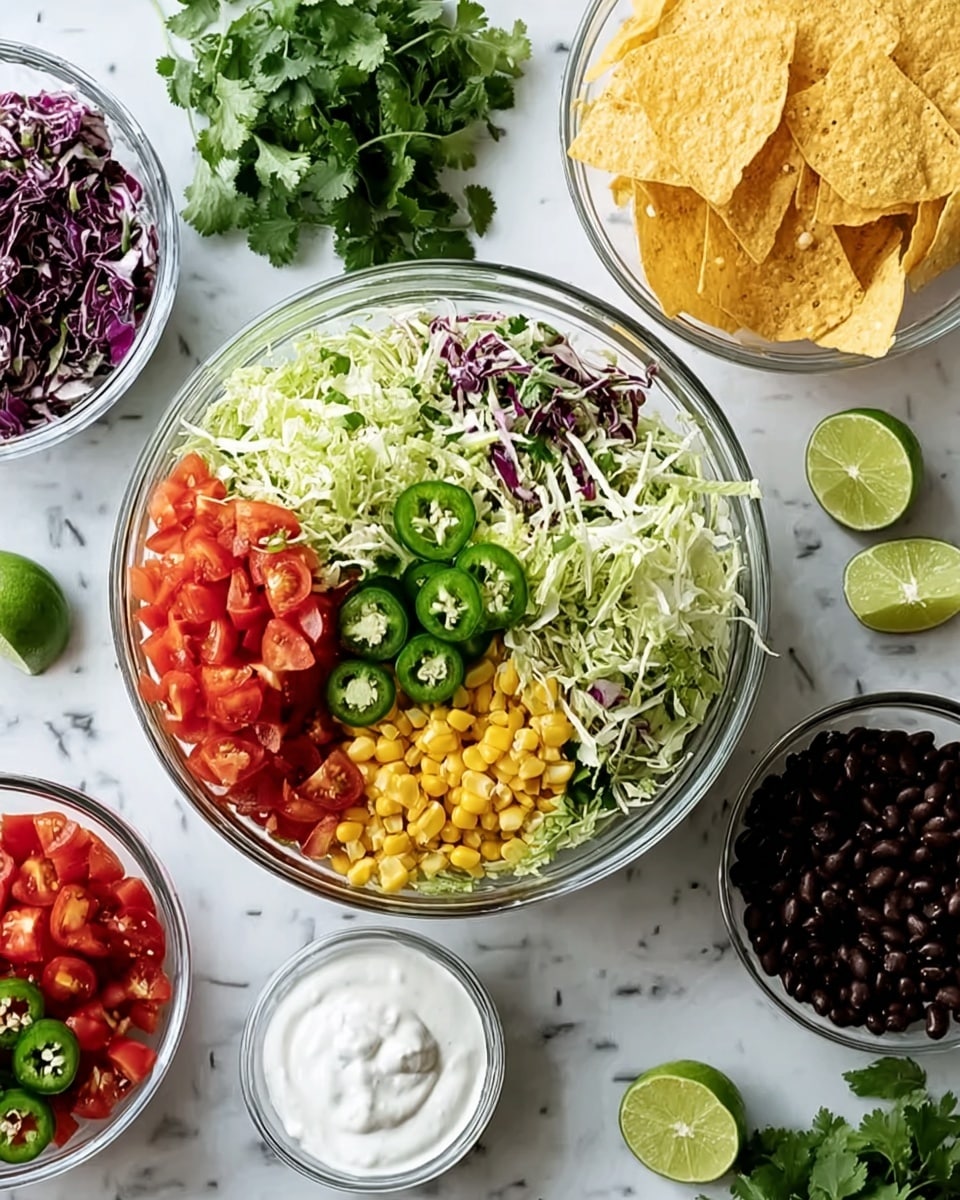 A large clear bowl sits on a white marbled surface filled with layers of shredded green and purple cabbage at the bottom, topped with bright yellow corn kernels, diced red tomatoes on one side, and thin jalapeño slices scattered on top. Surrounding the bowl are smaller clear bowls with white sour cream, yellow tortilla chips, dark black beans, and fresh green cilantro leaves. Two whole limes, lime wedges, a halved jalapeño with seeds, and some loose cilantro leaves are also placed around, creating a colorful and fresh scene. Photo taken with an iphone --ar 4:5 --v 7