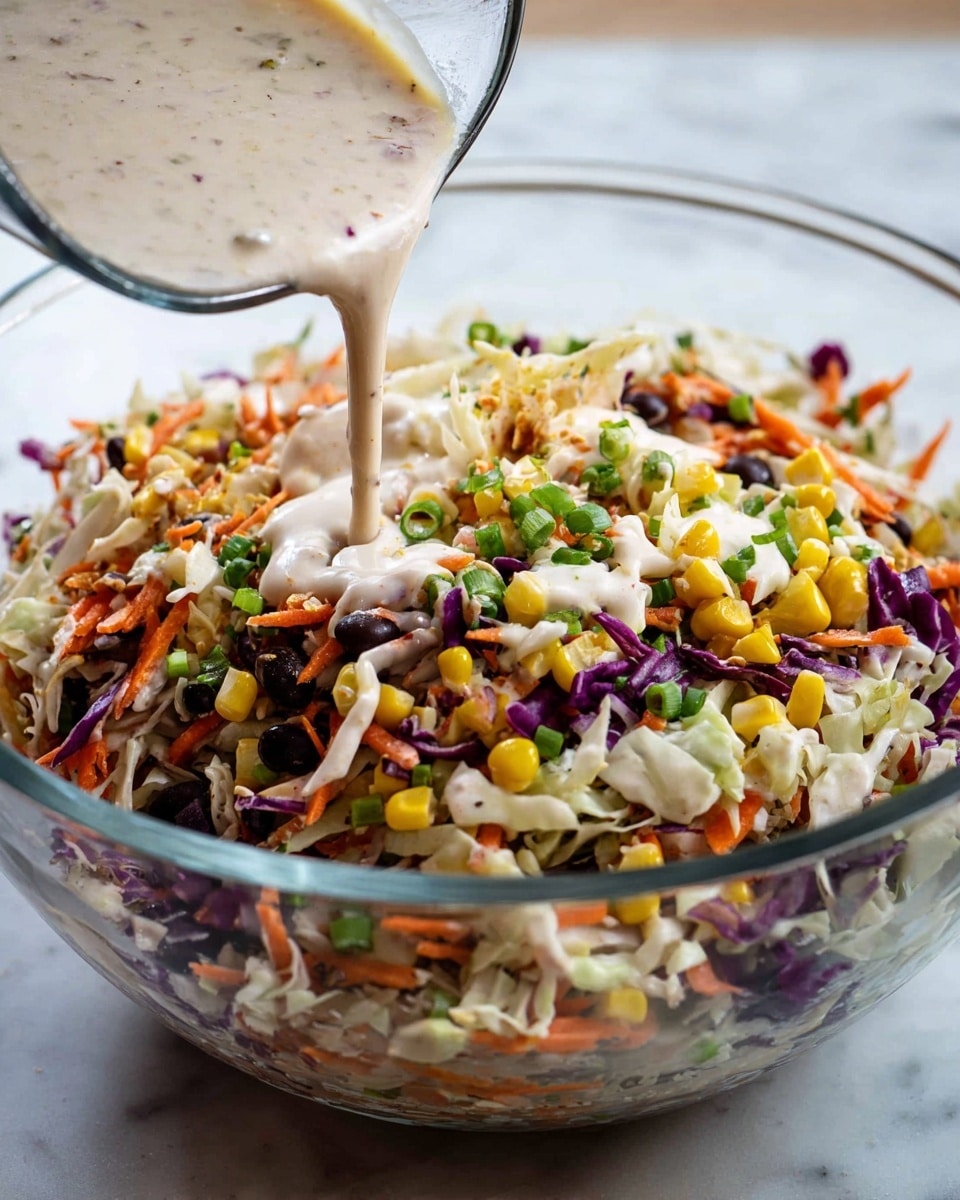 A clear glass bowl filled with a colorful salad made of shredded white cabbage, small pieces of orange carrot, black beans, yellow corn, chopped green onions, and bits of purple cabbage, creating a mix of bright spots of color and textures. Above the bowl, a clear measuring cup pours a creamy light beige dressing onto the center of the salad. The bowl rests on a white marbled surface. Photo taken with an iphone --ar 4:5 --v 7