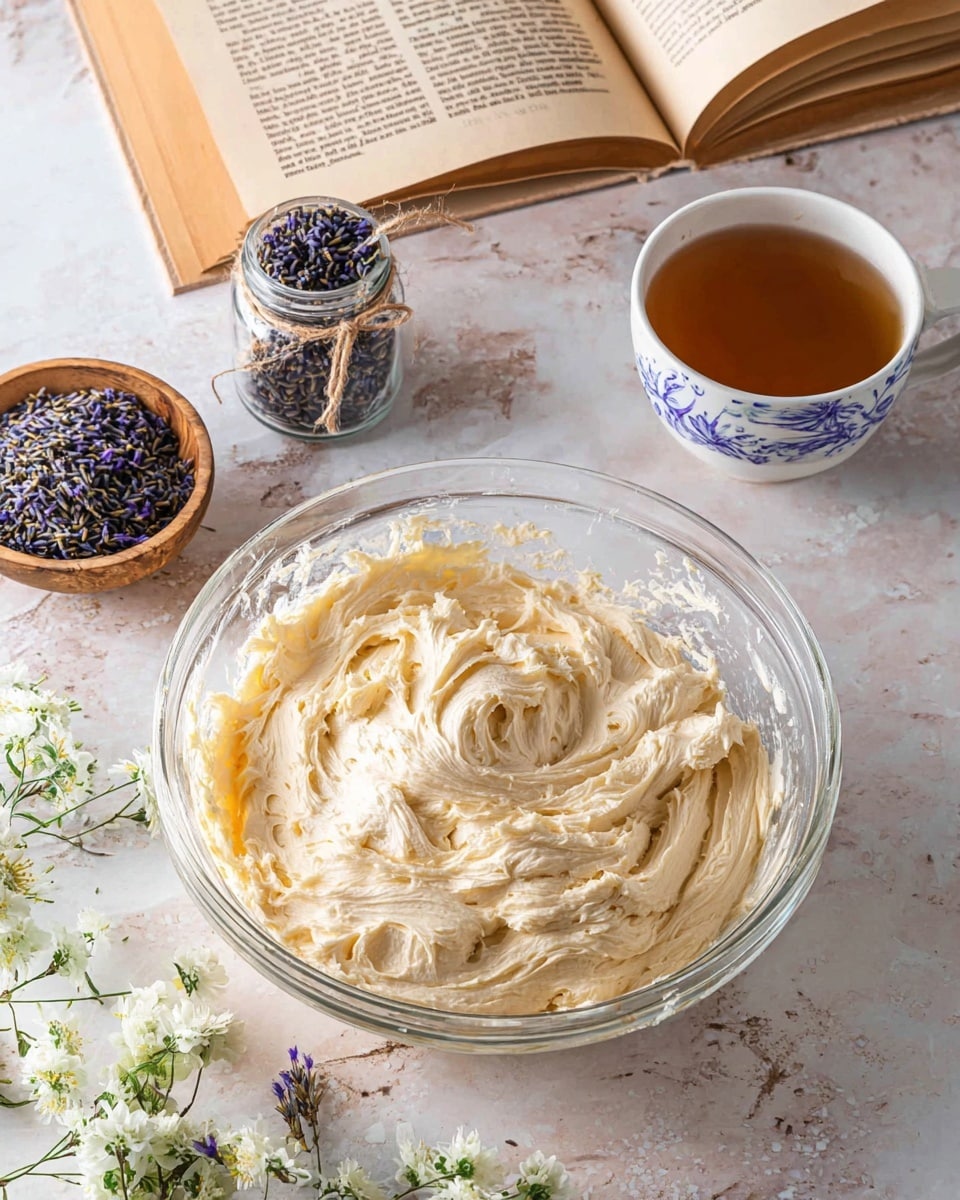 A clear glass bowl filled with light beige, thick creamy batter showing swirled soft texture is placed on a white marbled surface. Around it, there is an open book with yellowed pages, next to a small round wooden bowl containing black tea leaves topped with fresh purple lavender flowers. Nearby, a white cup with a blue pattern holds light brown tea, with a small glass jar tied with twine containing more lavender stems beside it. White and green small flowers lay scattered on the surface, creating a cozy and natural setting. photo taken with an iphone --ar 4:5 --v 7