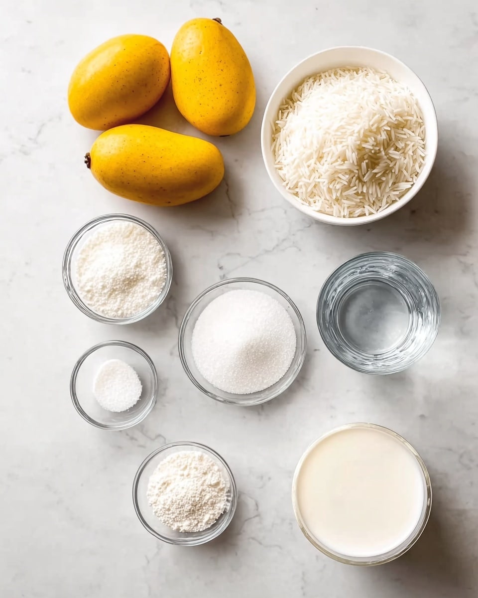 The image shows several ingredients placed on a white marbled surface. There are three whole yellow mangoes at the top left. In the center left, a white bowl filled with white rice is placed. Above it is a white bowl filled with white sugar. To the right of the rice is a glass of water. Below the water, there is a small glass bowl with white granulated sugar. To the left of this is another small glass bowl containing a white liquid. Below the white liquid is a tiny glass bowl with a white powder. At the center bottom is a small bowl with a white powder that looks like flour or cornstarch. At the bottom right is a large glass filled with a white creamy substance, possibly yogurt or coconut milk. Everything is spaced out evenly on the white marbled surface. photo taken with an iphone --ar 4:5 --v 7