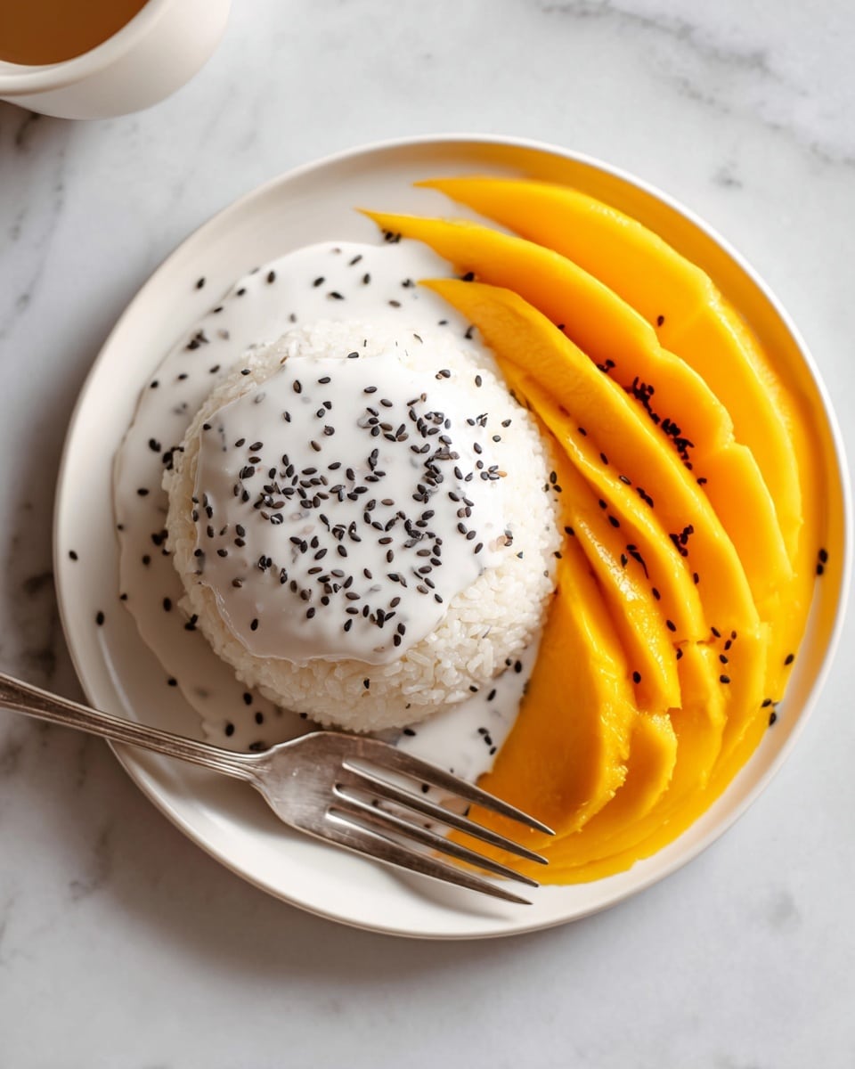 A white plate on a white marbled surface holds a mound of sticky white rice drizzled with a milky white sauce and sprinkled with black sesame seeds on top. Beside the rice are several slices of bright yellow mango, fanned out neatly with some black sesame seeds scattered over them too. The textures show the softness of the rice and the smoothness of the mango with a creamy sauce adding a glossy look. A silver spoon rests on the side of the plate. photo taken with an iphone --ar 4:5 --v 7