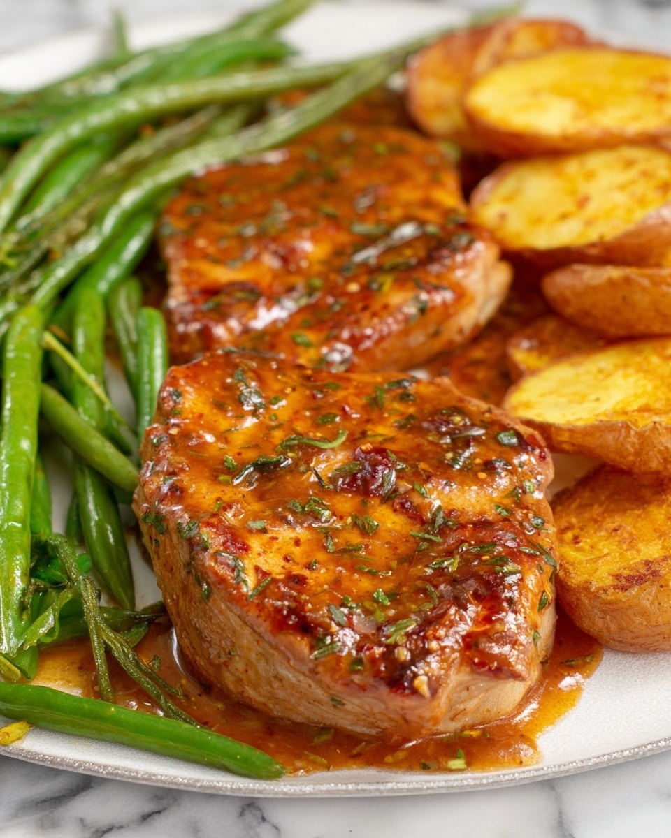 The image shows two pieces of cooked meat covered with a shiny orange-brown sauce with herbs, placed side by side in the middle of a white plate with a white marbled texture background. To the left, a bunch of bright green, slightly charred green beans lay next to the meat, with their long and thin shapes adding contrast. On the right side, there are several golden-brown roasted potato slices, showing a crispy texture on the edges. The whole dish is presented close up, showing small details of the sauce and textures on the vegetables. photo taken with an iphone --ar 4:5 --v 7