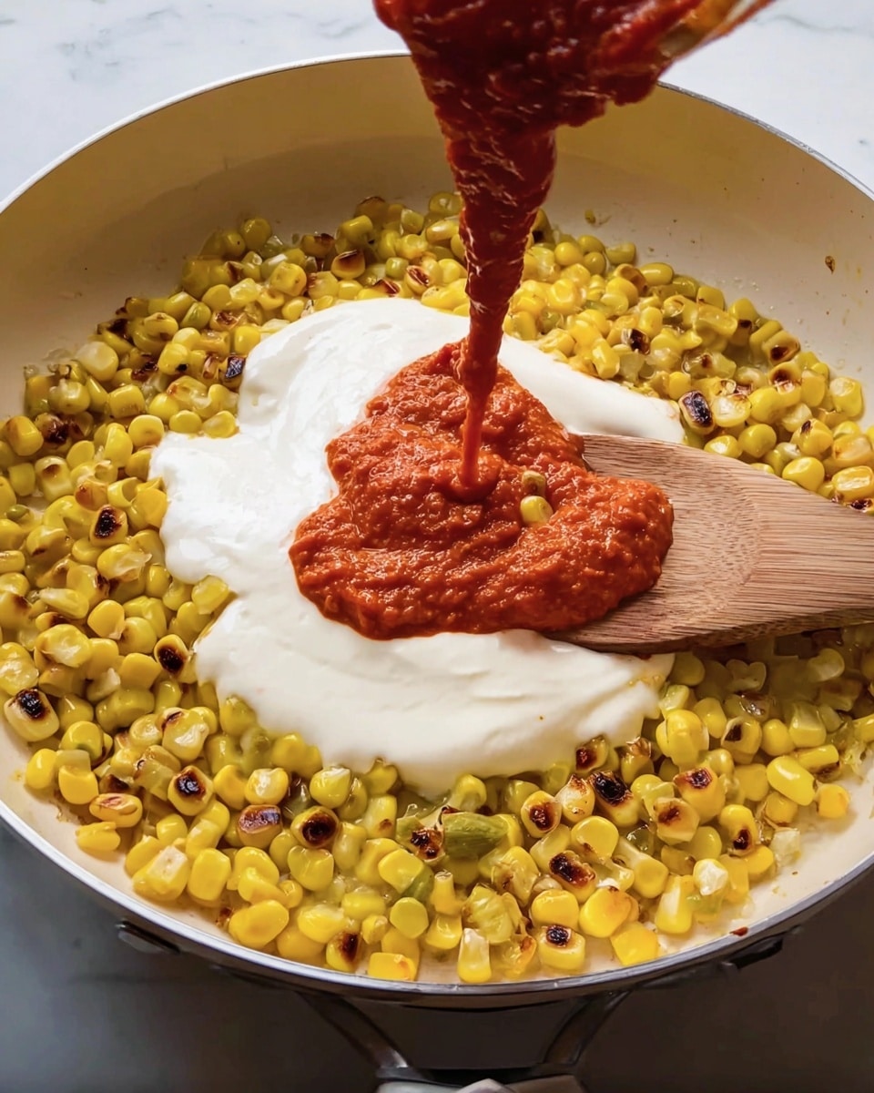 In a white pan filled with cooked yellow corn kernels that have some brown char marks, there is a white creamy sauce spread over the center. On top of the white sauce, there is a dollop of red sauce, thick and textured, with another amount of red sauce being poured from above. A wooden spoon rests on the white sauce and corn, with the spoon handle pointing to the right. The scene is set against a white marbled surface. Photo taken with an iphone --ar 4:5 --v 7