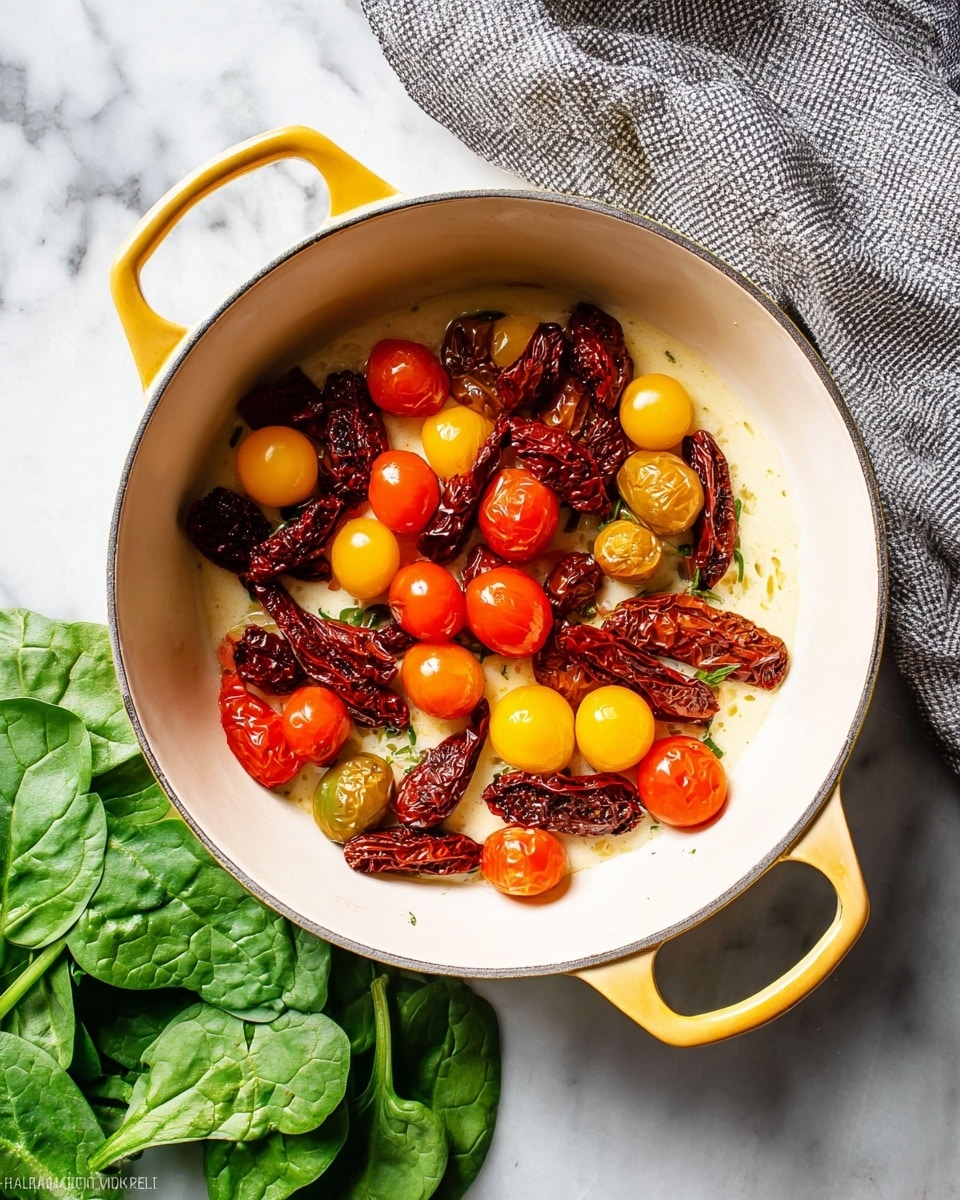 A white round pot with yellow handles contains three layers of ingredients: the bottom layer is creamy and pale, the middle layer has dark red sun-dried tomato slices, and the top layer is a mix of small shiny tomatoes in red, yellow, and brown colors. The pot is placed on a white marbled surface with a bunch of fresh green spinach leaves visible at the bottom left and a gray and white checkered cloth at the top right. photo taken with an iphone --ar 4:5 --v 7