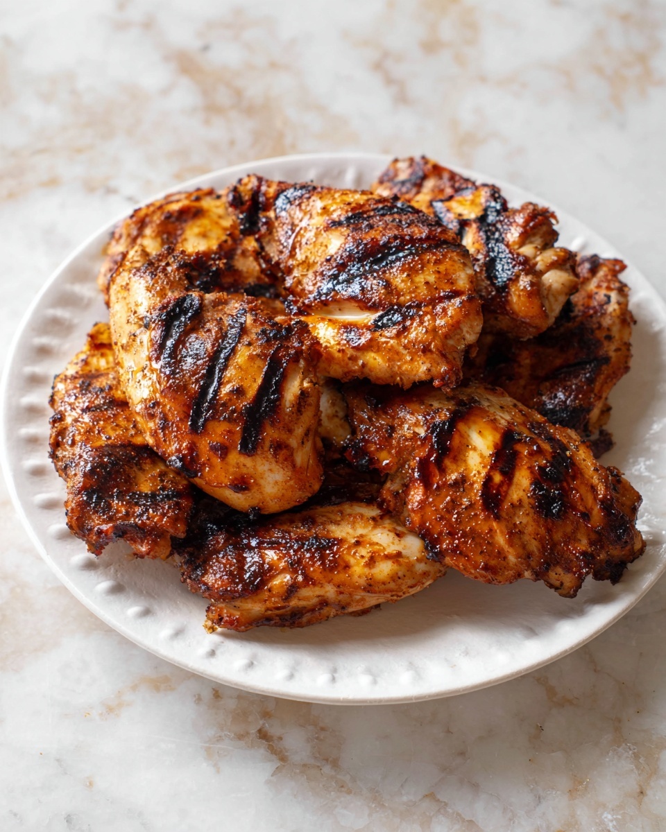 A white plate holds seven grilled chicken pieces stacked together, each piece showing a rich, dark brown to golden color with visible charred grill marks and a glossy, slightly oily texture. The chicken's surface has a mix of darker burnt edges and lighter, golden-brown areas, indicating a well-grilled finish. The background and surface are a white marbled texture, enhancing the contrast of the chicken's warm, smoky colors. photo taken with an iphone --ar 4:5 --v 7