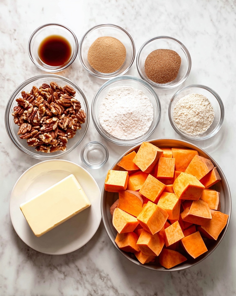 A round silver bowl on the right side filled with many large orange cubed sweet potatoes. To the left are seven small clear glass bowls and one small white plate arranged in two rows on a white marbled surface. The top row has three small glass bowls: one with dark brown liquid, one with brown powder, and one with a smaller amount of brown powder. The second row has a large glass bowl of chopped pecans on the far left, a small glass bowl of light brown sugar next to it, a small glass bowl of white flour beside the sugar, and a white plate in the middle holding a large block of pale butter. All ingredients are neatly arranged with bright lighting. Photo taken with an iphone --ar 4:5 --v 7