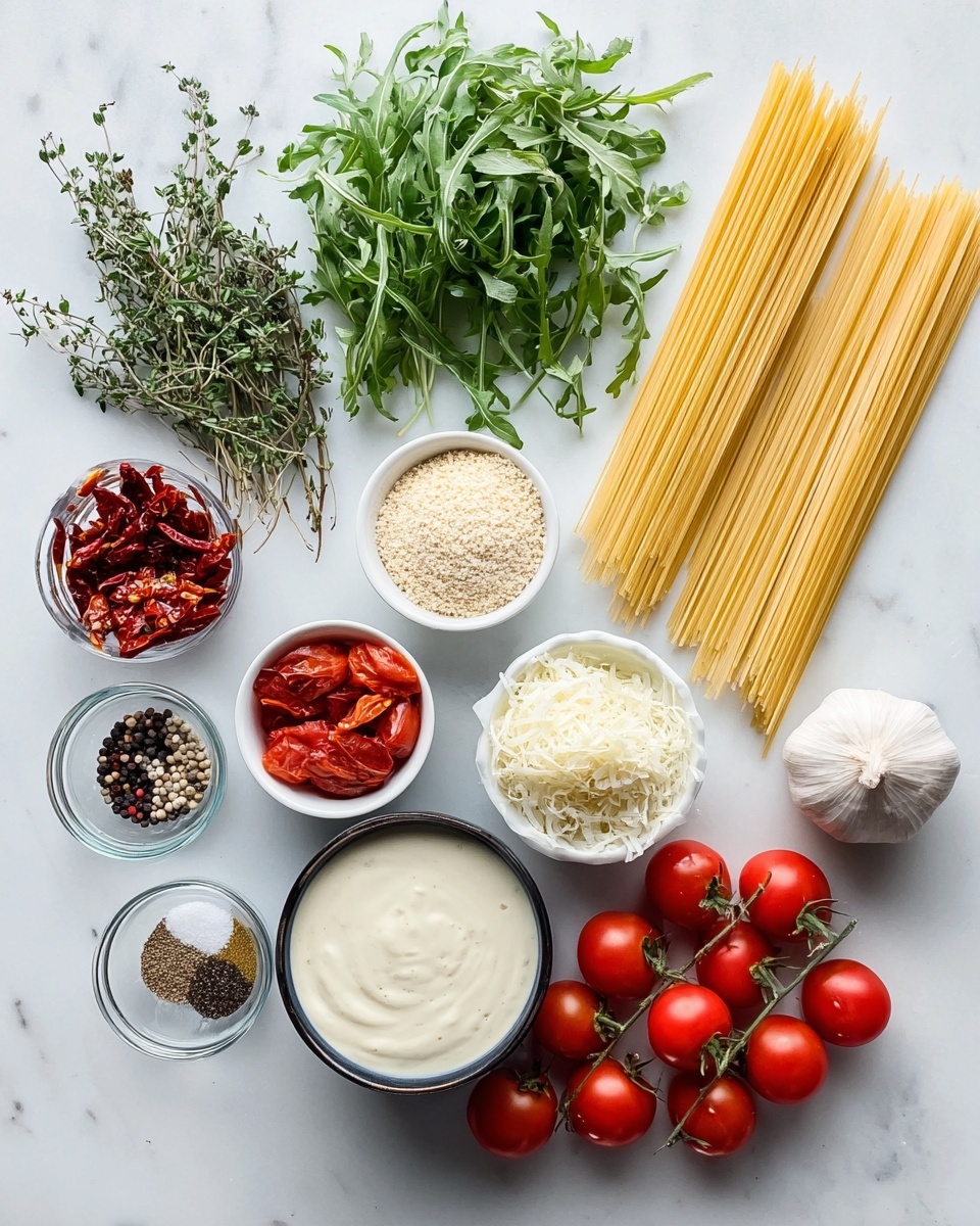The image shows a flat lay of different ingredients arranged neatly on a white marbled surface. Starting from the top left, there is a bunch of green herbs including thyme and arugula. To their right, two bundles of light yellow pasta lie side by side. Below the pasta, there are two small white bowls; one contains a light beige crumbly ingredient while the other holds bright red dried chili peppers. Next to these, there are two more white bowls with fresh red tomatoes and white grated cheese. Near the bottom left corner, a transparent small bowl holds whole peppercorns in black, white, red, and yellow colors, while a small white bowl beside it contains a coarse seasoning mix. A bulb of garlic and several small fresh red tomatoes form the bottom cluster. Near the center, a black bowl with a creamy white sauce is placed. The colors include white, green, red, and beige tones, all set against a clean white marbled background. photo taken with an iphone --ar 4:5 --v 7