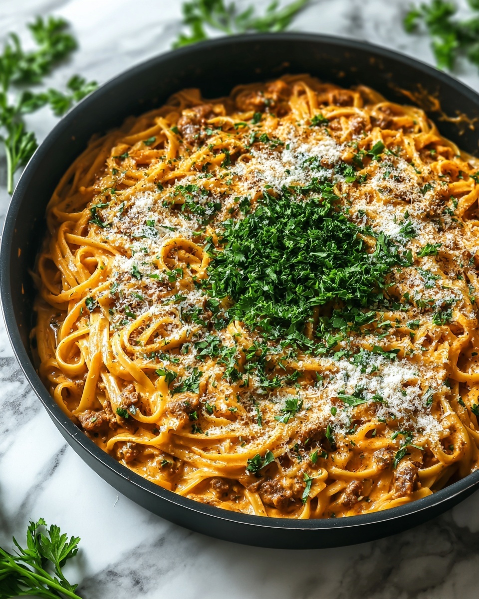 A large black pan filled with creamy orange pasta noodles, mixed with visible small pieces of brown meat. The pasta is topped with a light dusting of white cheese and a generous layer of chopped green parsley spread across the center. The pan rests on a white marbled surface with some parsley leaves scattered around the edges. Photo taken with an iphone --ar 4:5 --v 7
