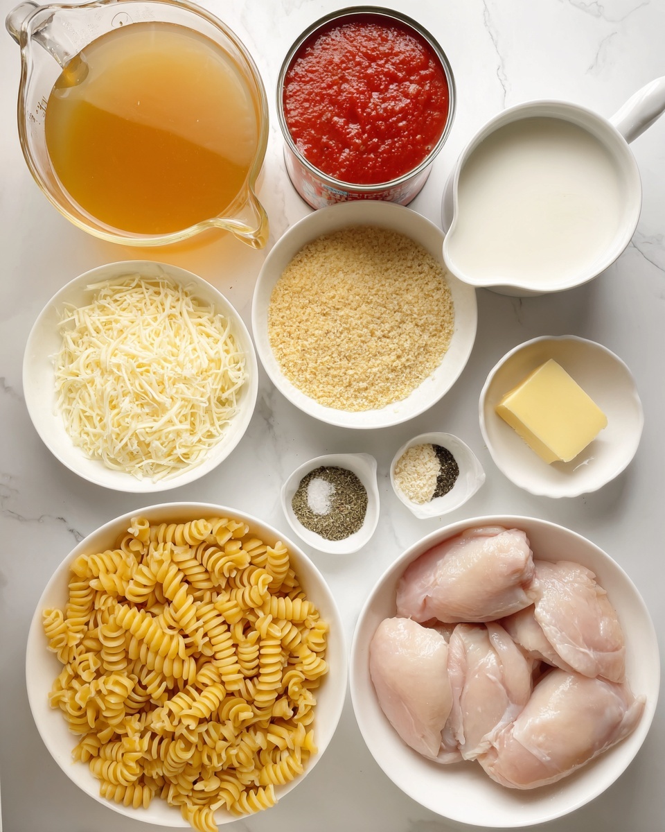 The image shows multiple ingredients arranged neatly on a white marbled surface. There are three raw light pink chicken pieces in a white bowl on the right side. Next to it is a measuring cup filled with white cream. Above it is an opened can with red tomato sauce. On the left side are two white bowls filled with shredded cheeses, one with a pale yellow cheese and the other with white cheese, placed near a small bowl with a yellow butter cube. In the center is a white bowl filled with golden bread crumbs. Above it, there is a small bowl with minced garlic and another small bowl with mixed seasonings including salt, black pepper, and herbs. Below the bowls is a large white bowl filled with yellow spiraled pasta. At the top left is a large glass measuring cup filled with a clear golden broth. All items are placed on the white marbled surface. photo taken with an iphone --ar 4:5 --v 7