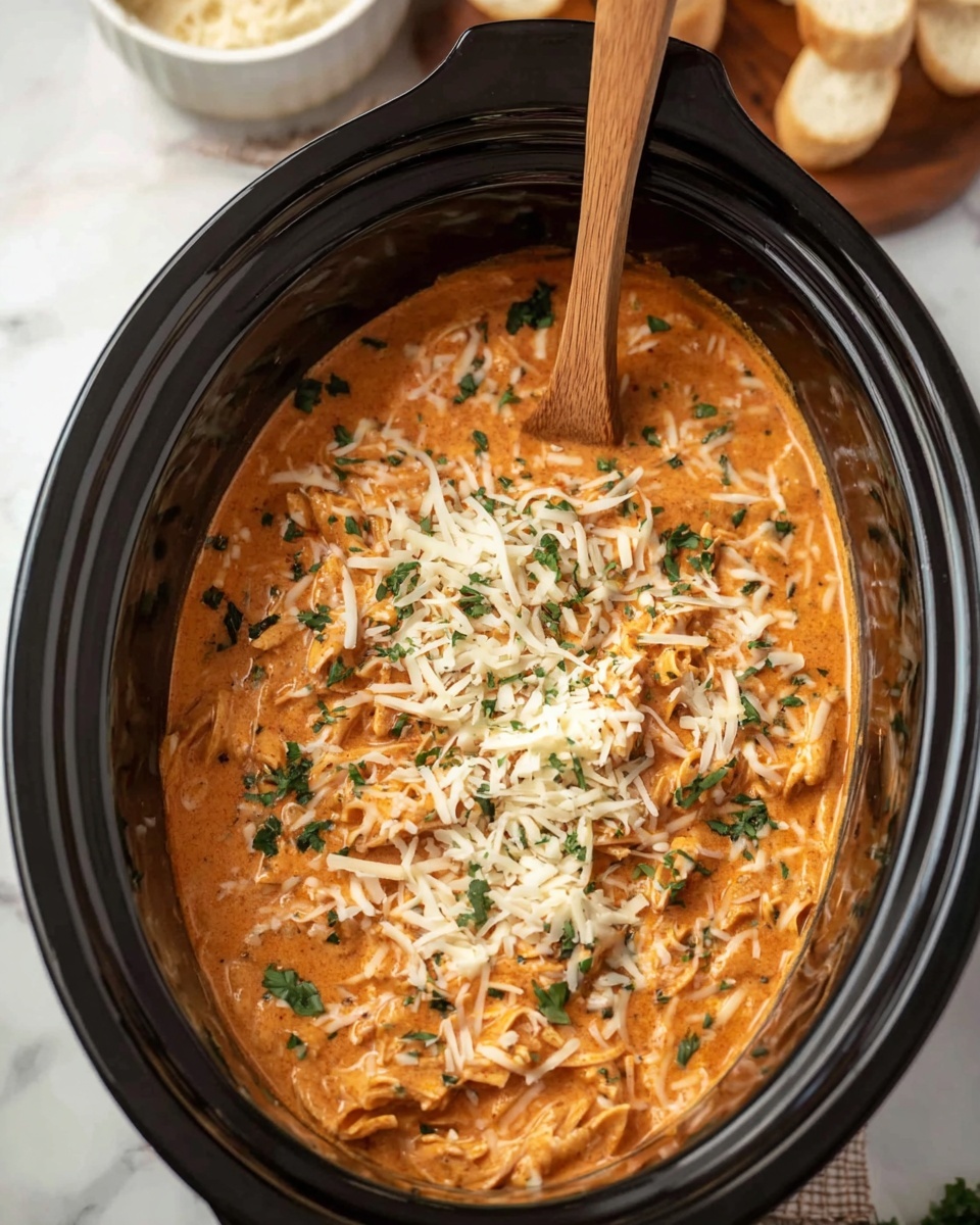 A black slow cooker filled with three layers of creamy orange sauce, visible pasta spirals partially mixed into the sauce, and topped with a layer of shredded white cheese scattered unevenly across the surface. Small green parsley pieces are sprinkled over the cheese. A wooden spoon rests partially inside the slow cooker, standing upright in the sauce. This is all placed on a white marbled surface with a glimpse of a small white bowl and a wooden board with bread pieces in the background. Photo taken with an iphone --ar 4:5 --v 7